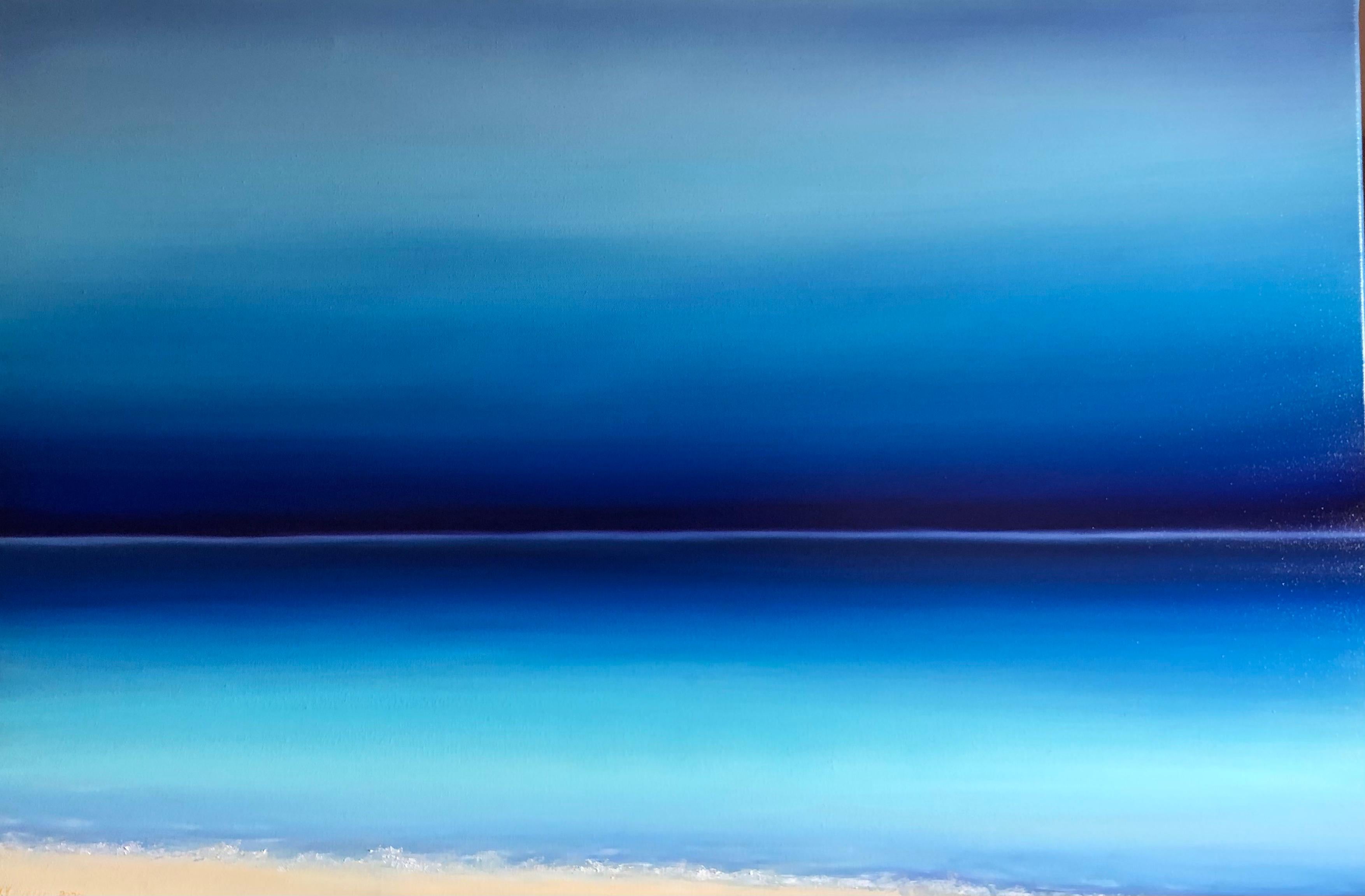 Costa Azul , paisaje marino. Puesta de sol, horizonte, olas turquesas - Painting Abstracto de Nataliia Krykun
