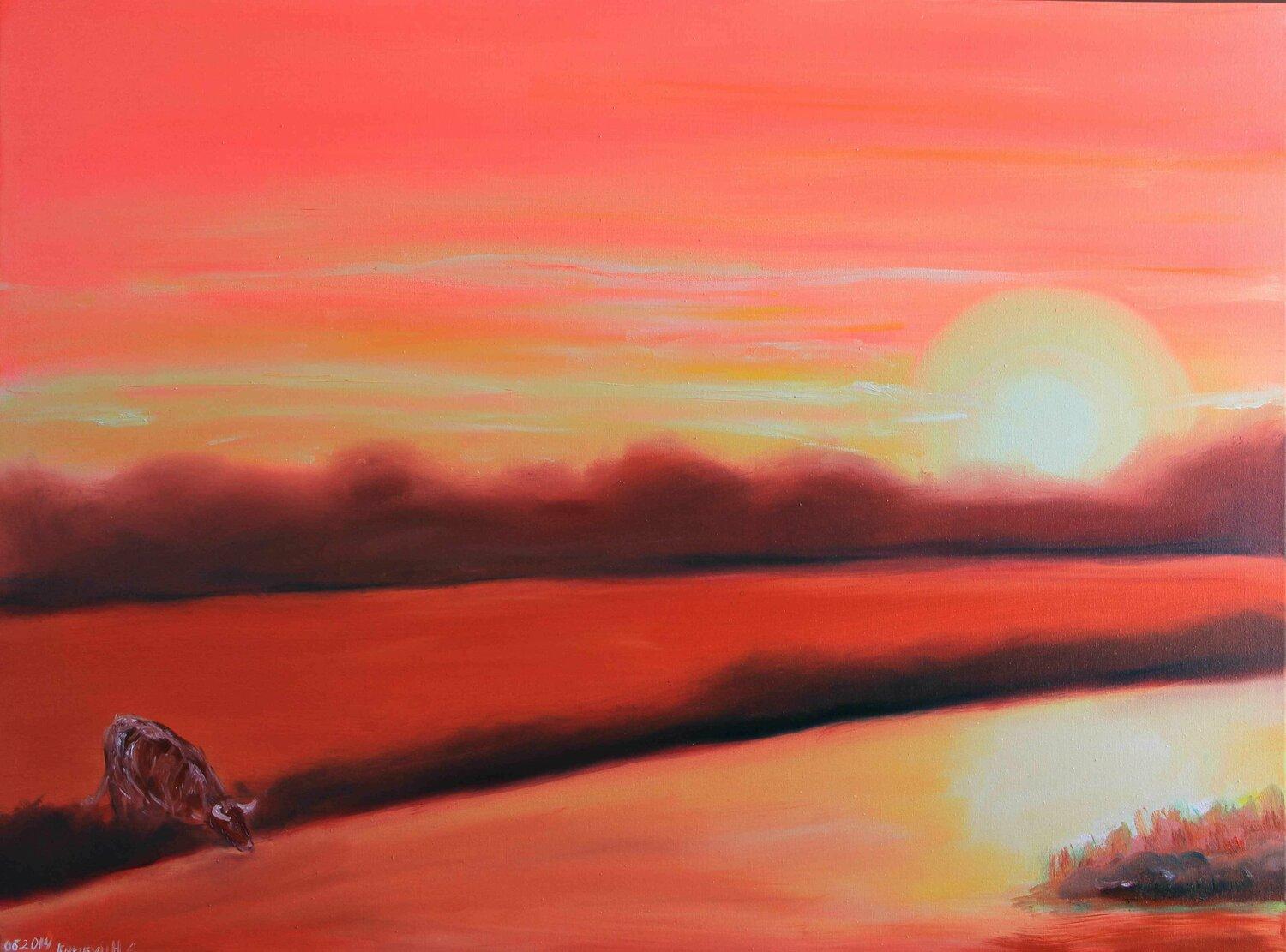 COW DRINKS WATER, Pfirsichfarbener Fuzz – Painting von Nataliia Krykun