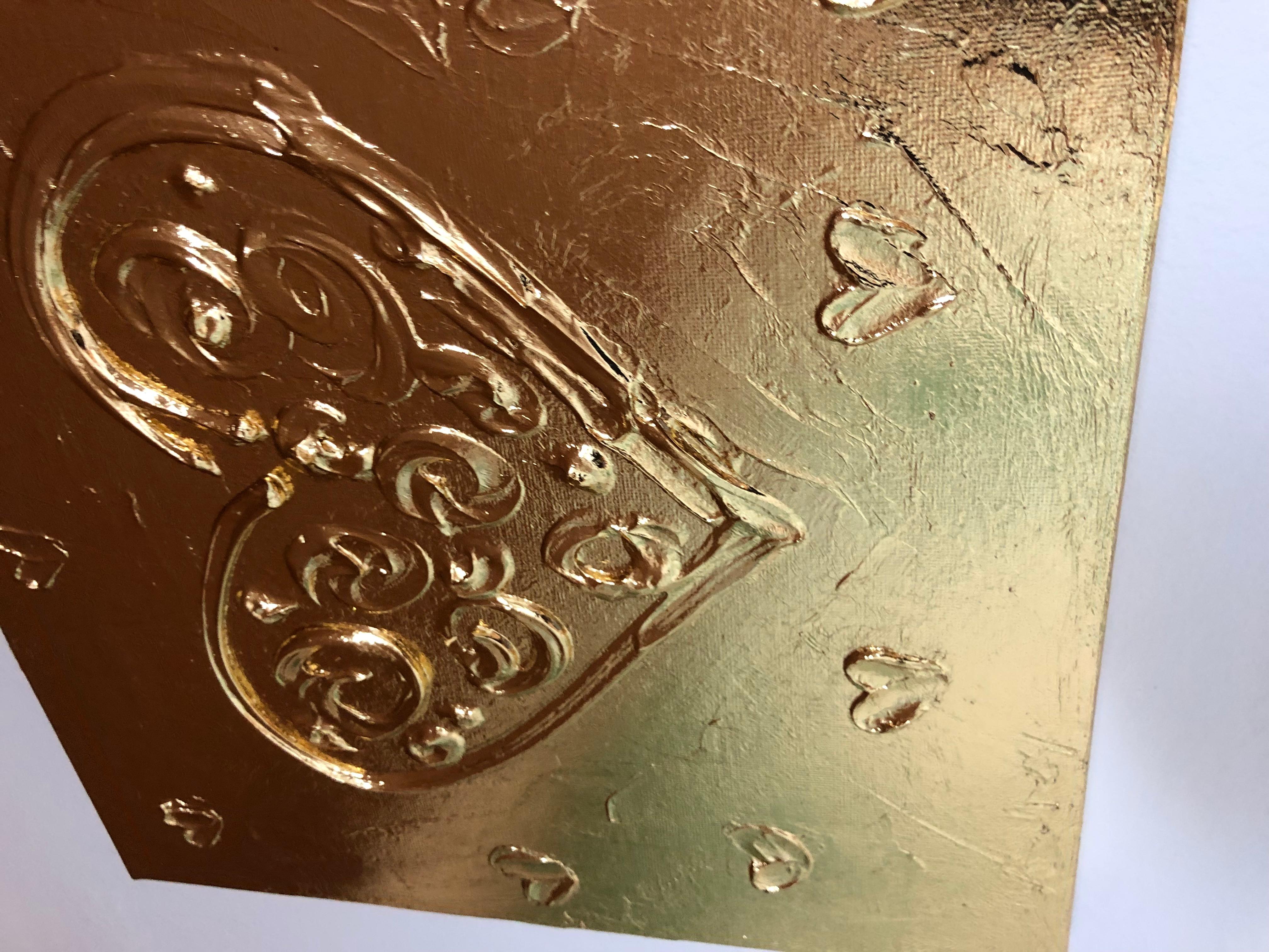 Blumen auf goldenem Herz – 3D Liebe, Amour, Amore Weiß und Gold strukturiert, Vergoldung im Angebot 7