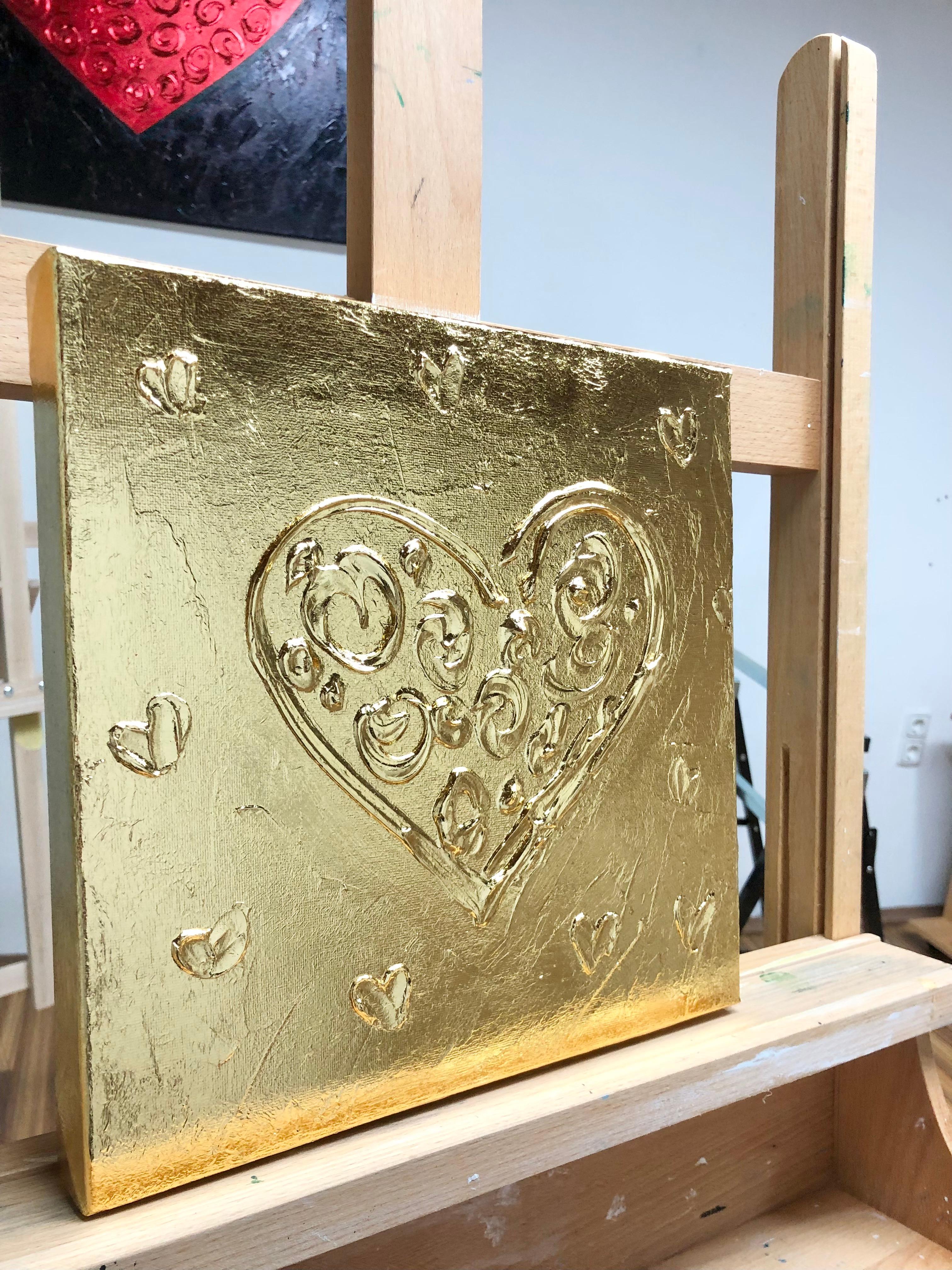 Blumen auf goldenem Herz – 3D Liebe, Amour, Amore Weiß und Gold strukturiert, Vergoldung im Angebot 2