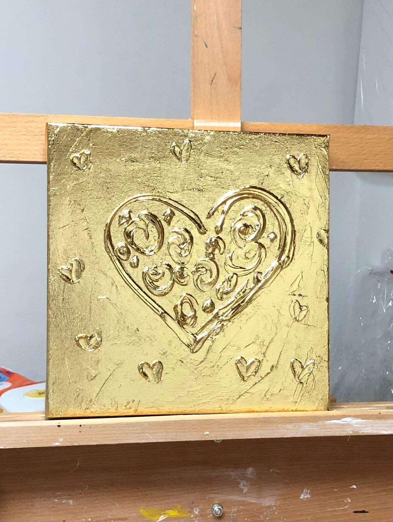 Blumen auf goldenem Herz – 3D Liebe, Amour, Amore Weiß und Gold strukturiert, Vergoldung im Angebot 4