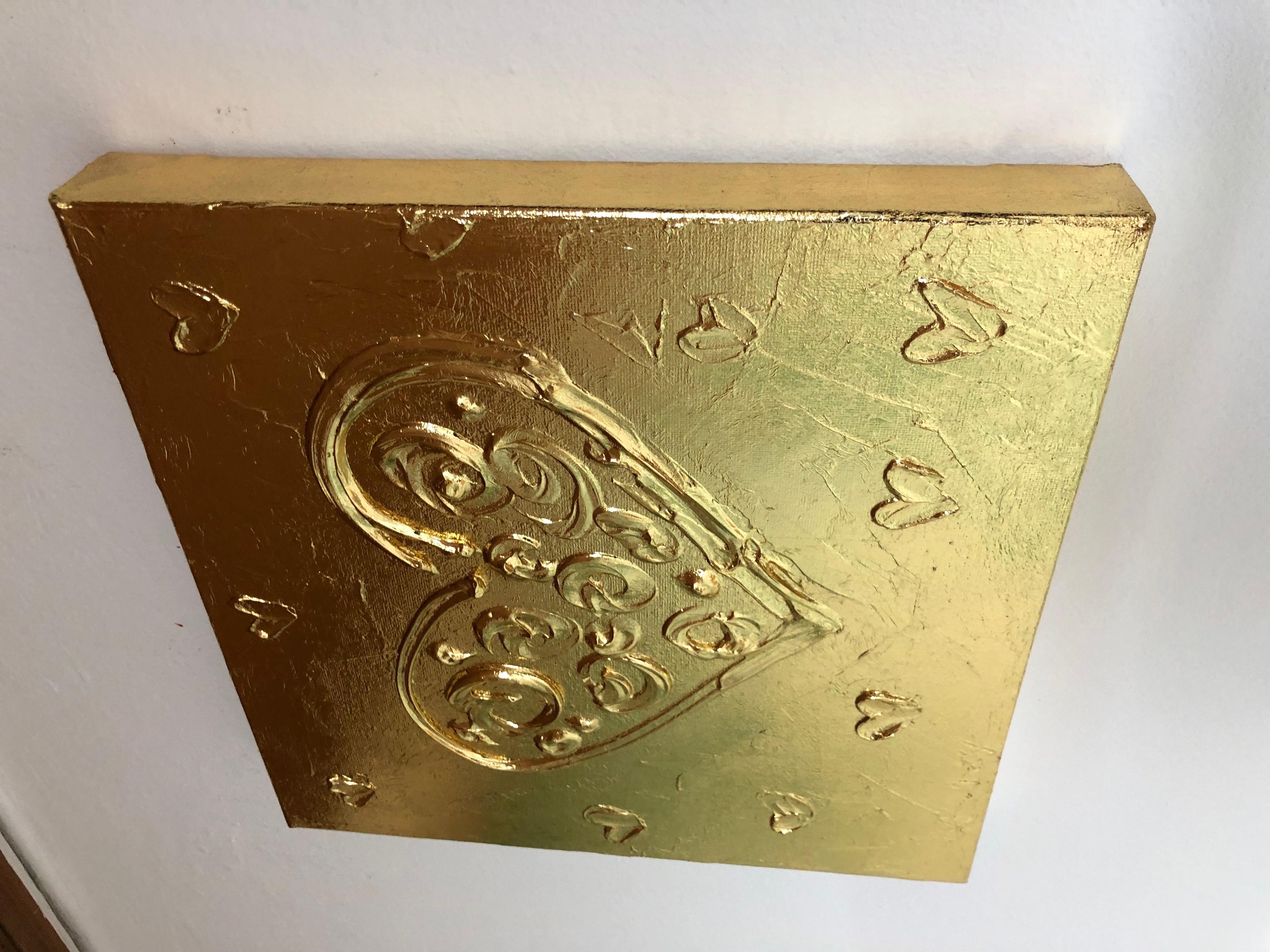 Blumen auf goldenem Herz – 3D Liebe, Amour, Amore Weiß und Gold strukturiert, Vergoldung im Angebot 5