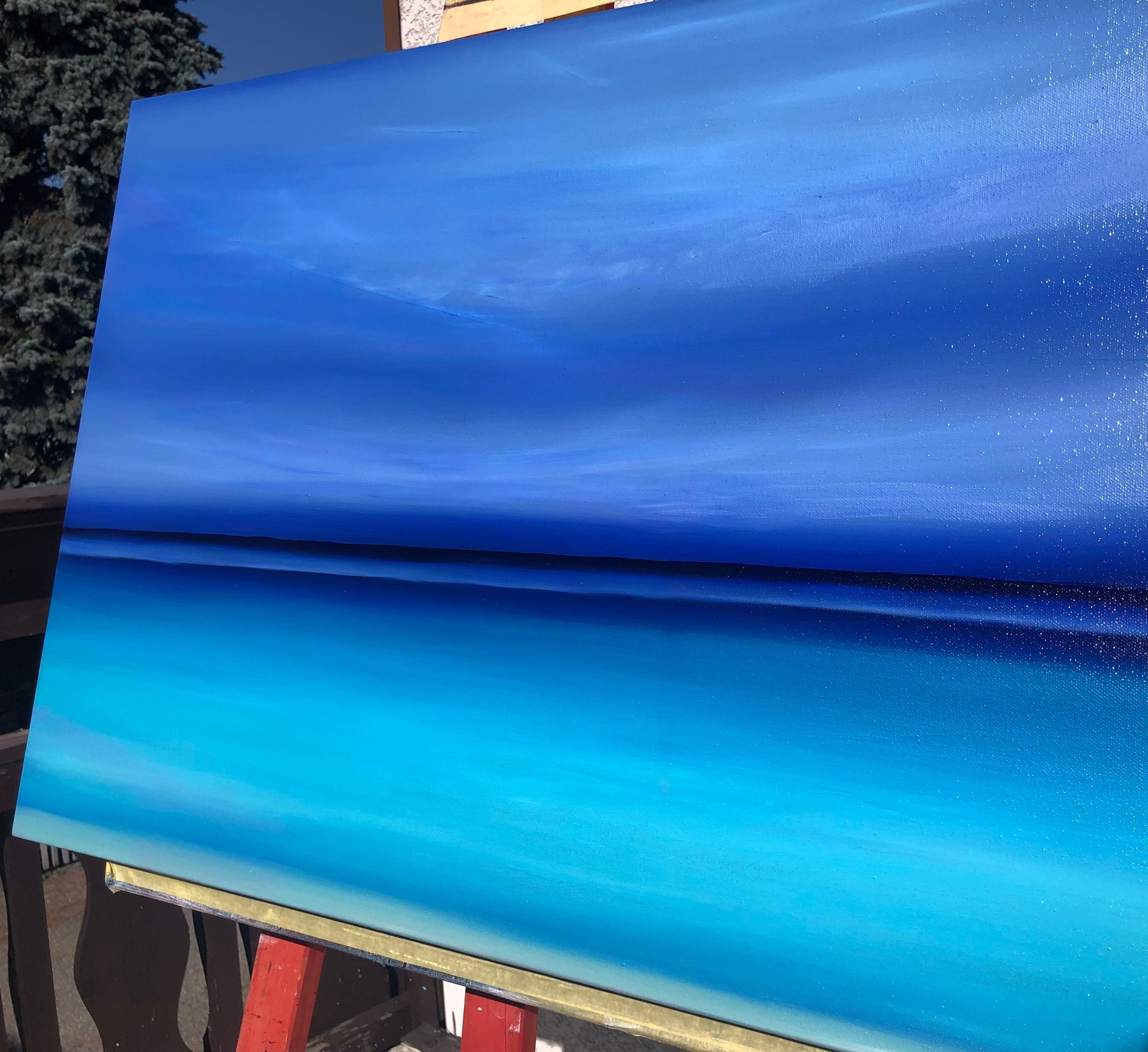 French Riviera , Marine, seascape. Sunset, skyline, turquoise waves - Blue Landscape Painting by Nataliia Krykun