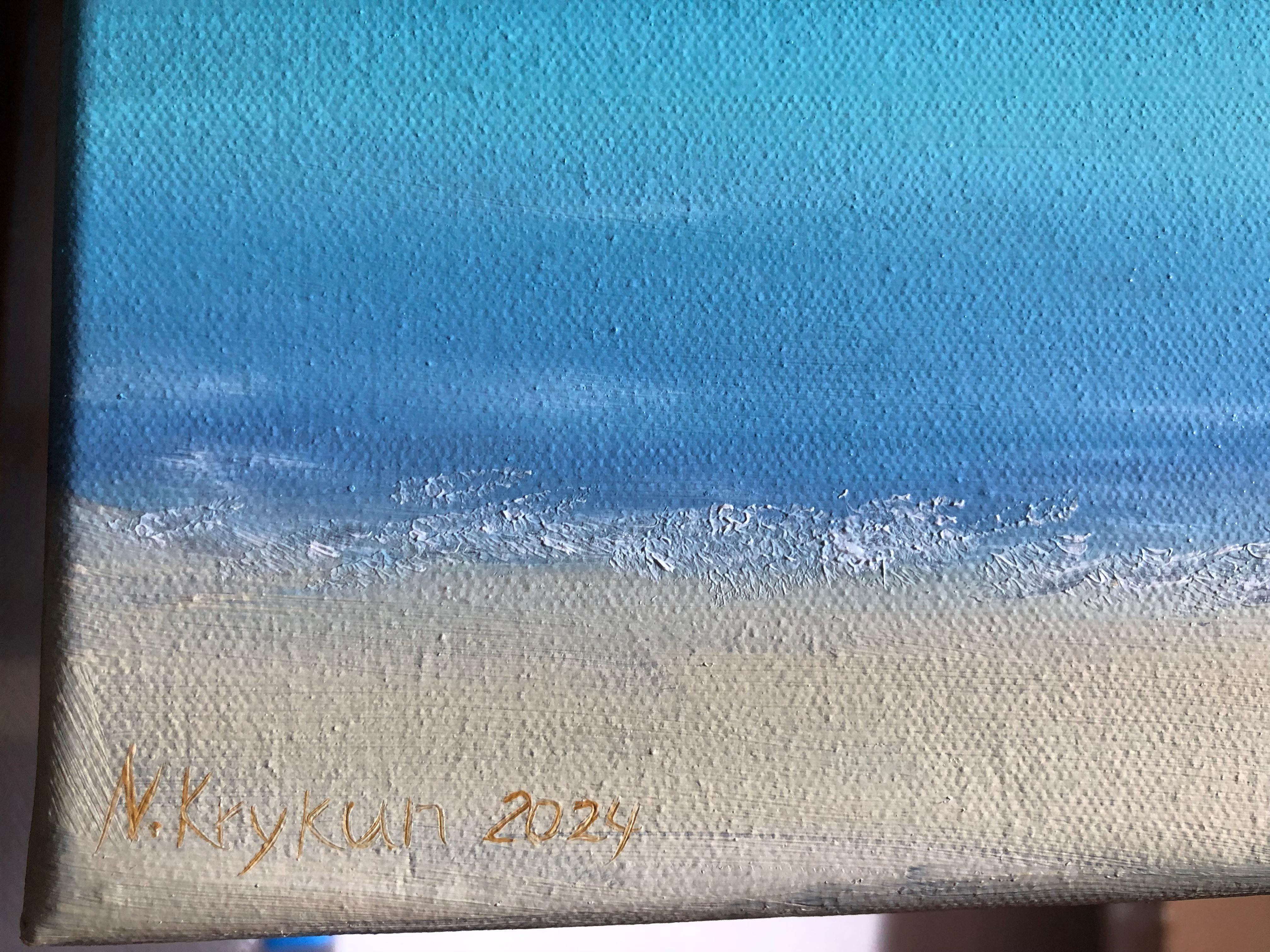 Série Côte d'Azur, Marin, paysage marin. Sunset, ligne d'horizon, vagues turquoises - Abstrait Painting par Nataliia Krykun
