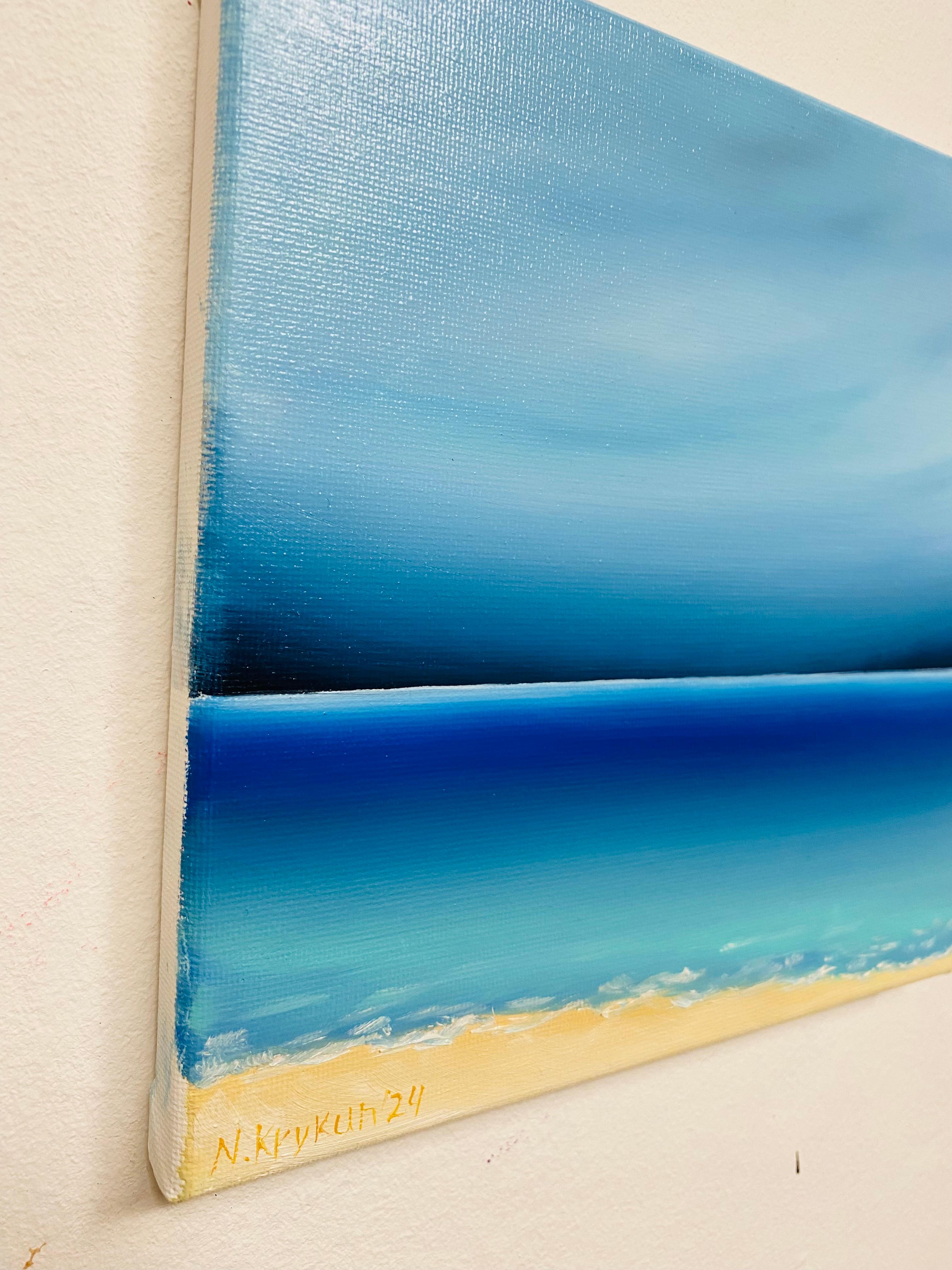 De la série French Riviera-2  - paysage marin horizon bleu, vagues, ligne d'horizon - Bleu Landscape Painting par Nataliia Krykun