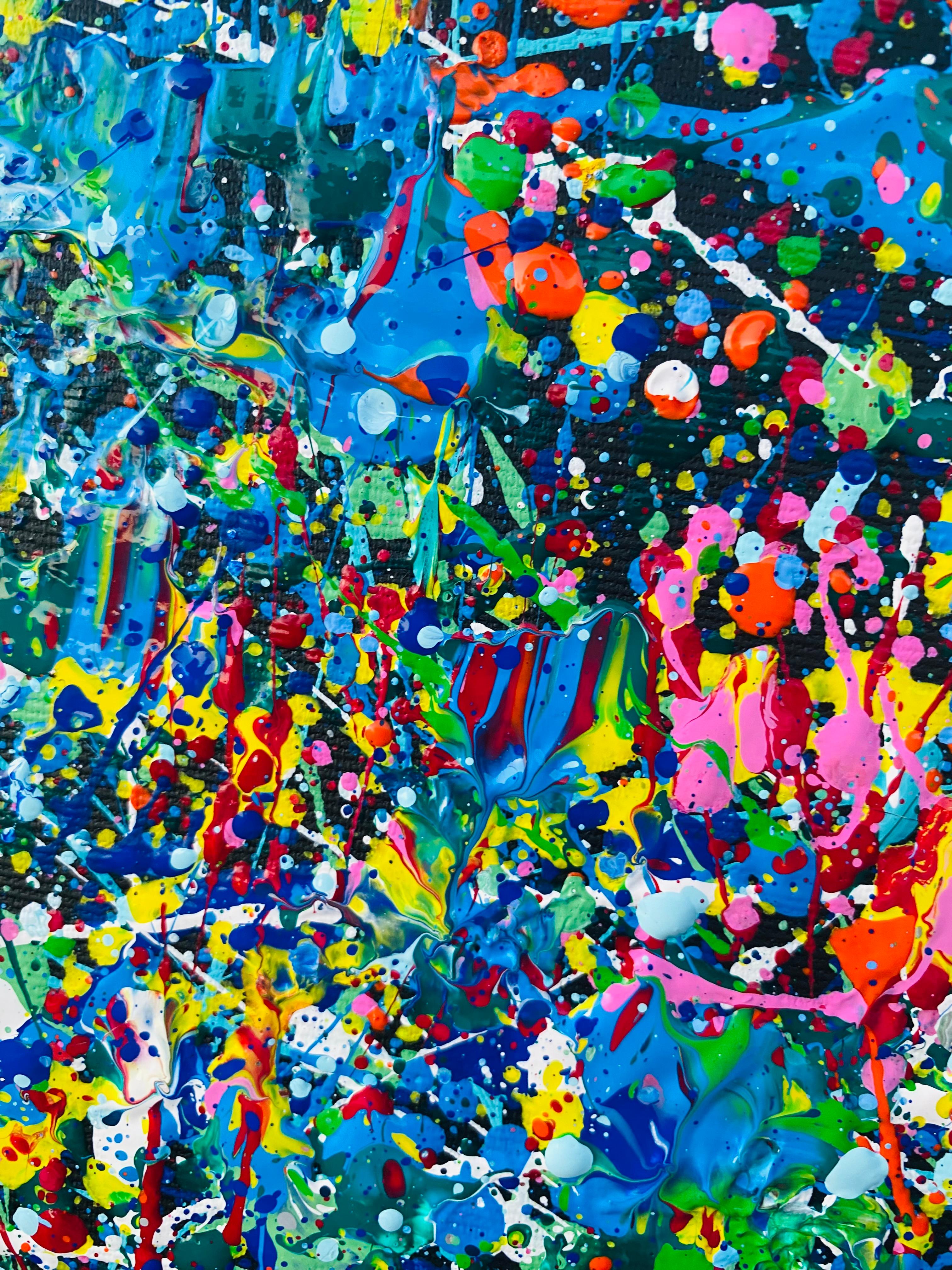 En este vibrante tapiz de color, he desatado una sinfonía de salpicaduras donde azules, rosas y verdes bailan con audaces trazos expresionistas. He fundido el acrílico para crear un jardín cósmico abstracto: una celebración de la posibilidad