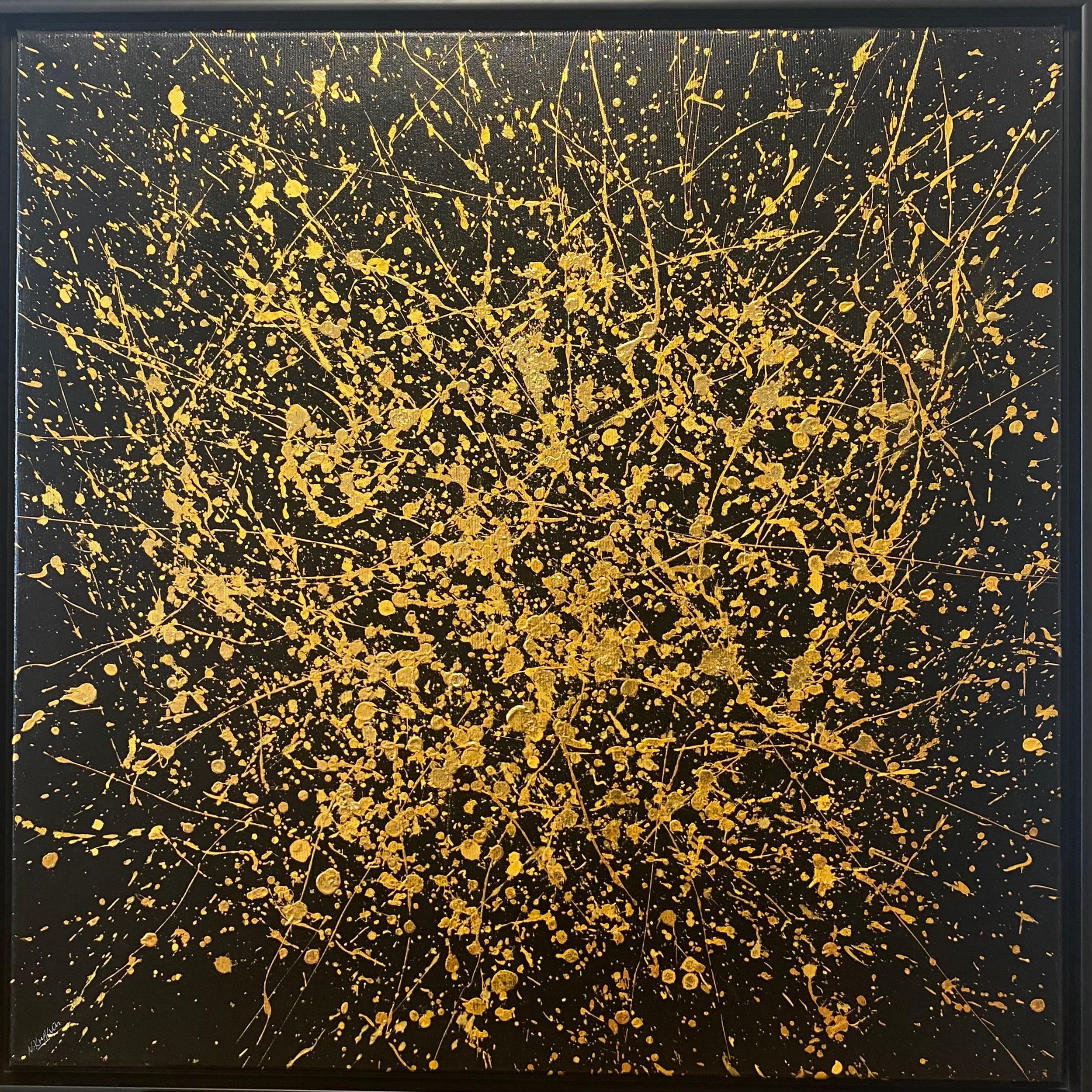 Abstract Painting di Nataliia Krykun - Dalla serie "Volo infinito" oro, giallo, nero astrazione di grandi dimensioni, gocce