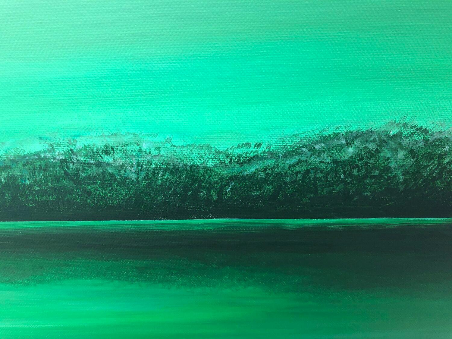 Paesaggio astratto verde e mare, montagne, foreste - Painting di Nataliia Krykun