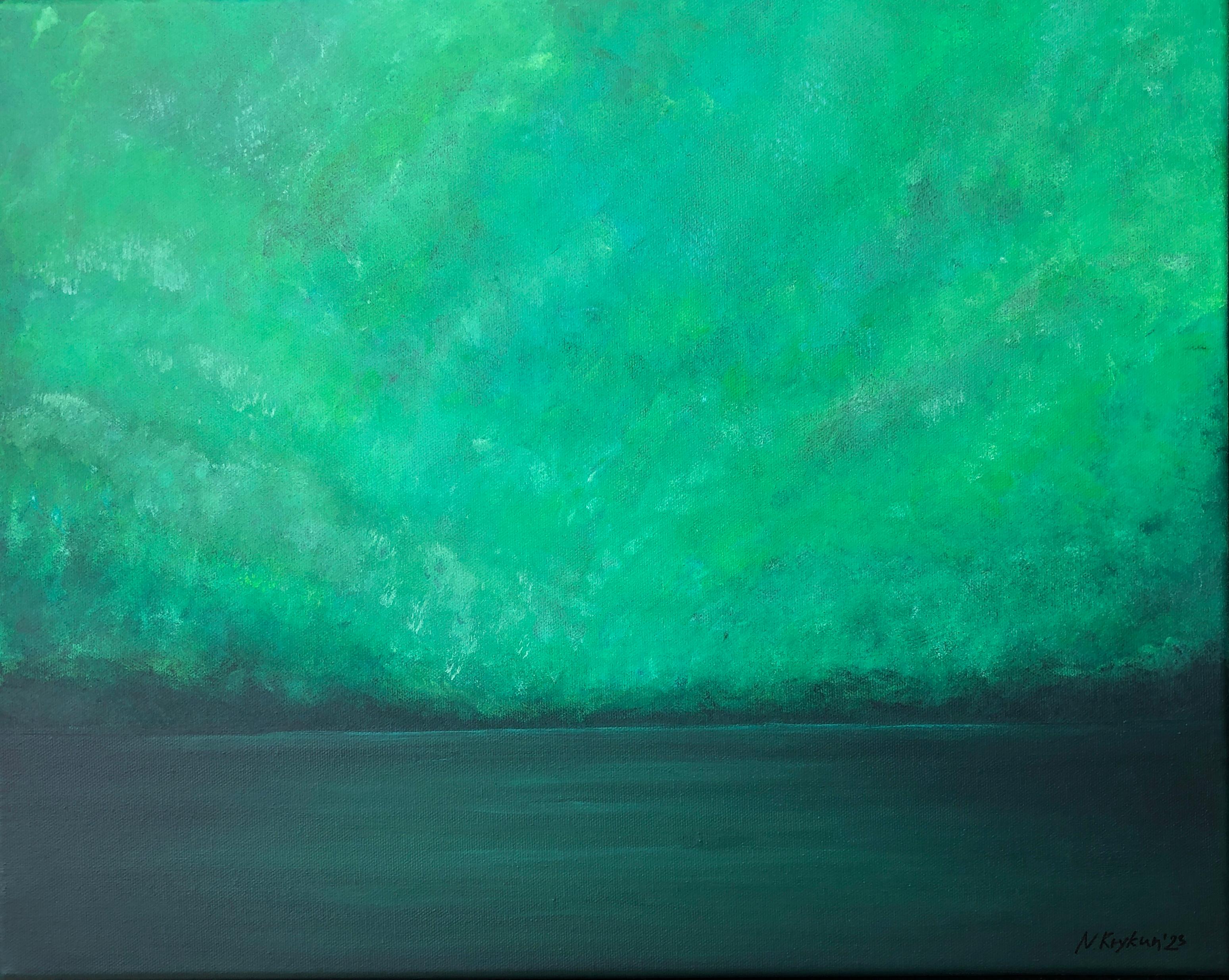 Lago verde en verano - paisaje marino minimalista, agua, horizonte, montañas en venta 9