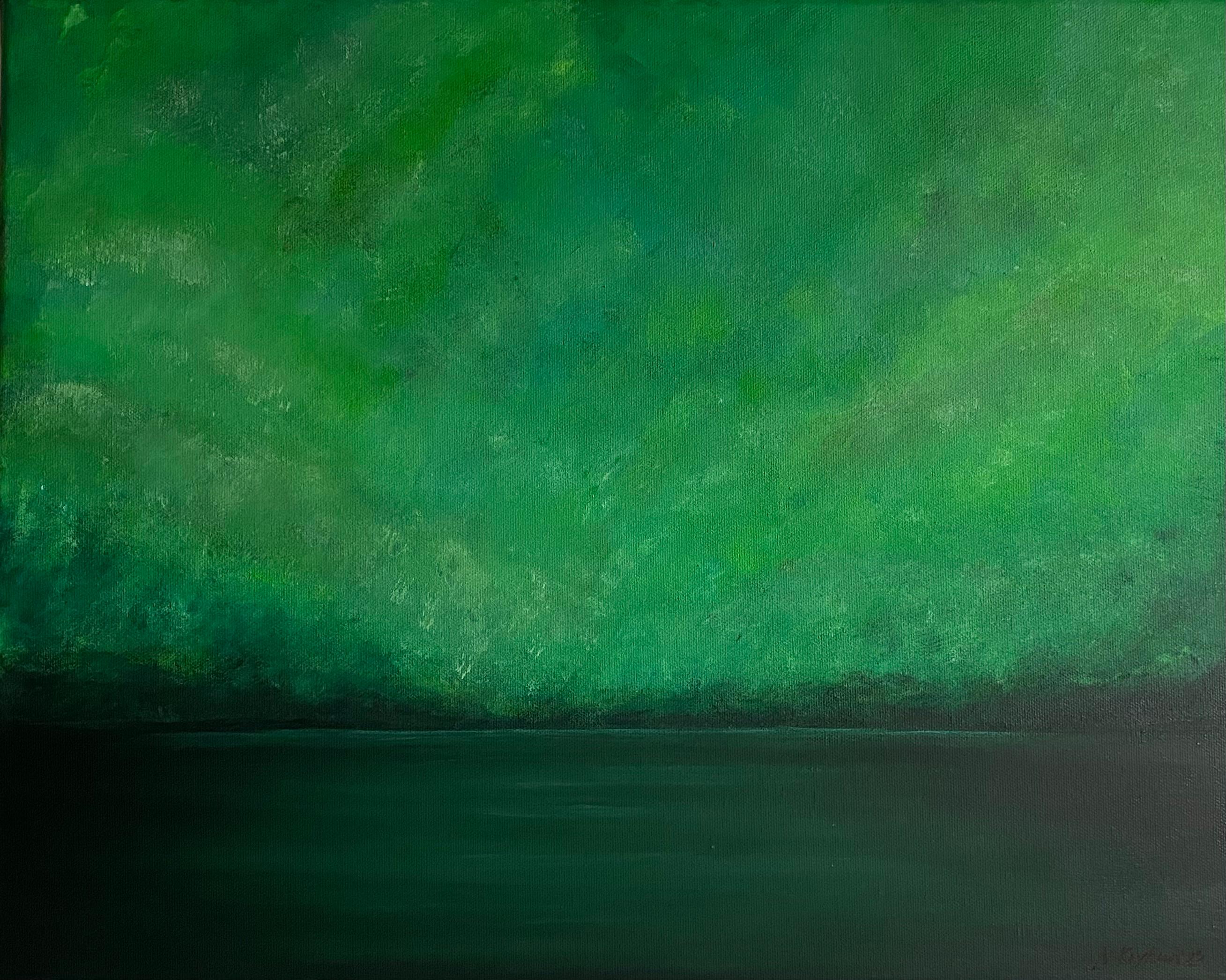 Lago verde en verano - paisaje marino minimalista, agua, horizonte, montañas - Painting de Nataliia Krykun