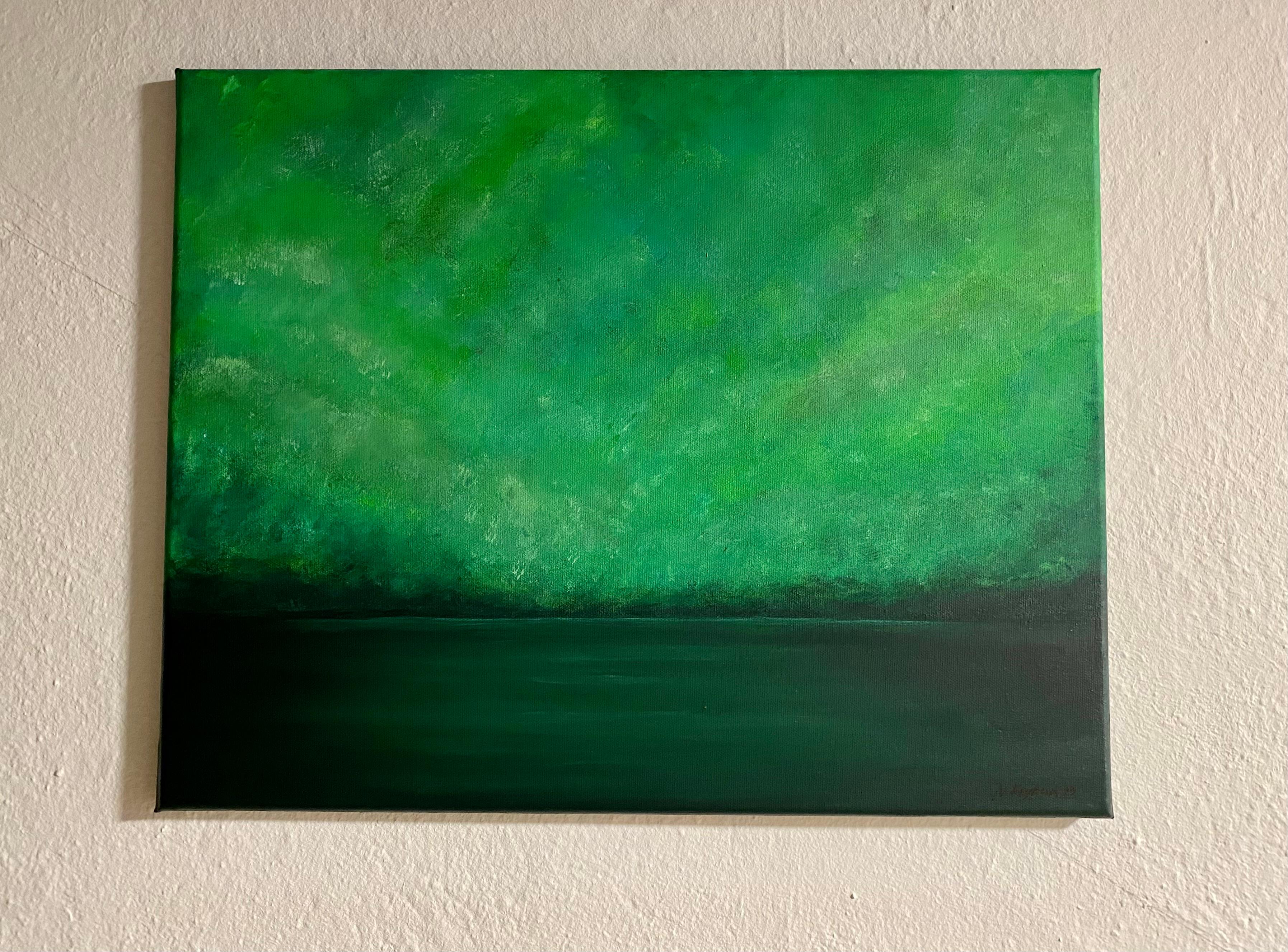 Lago verde en verano - paisaje marino minimalista, agua, horizonte, montañas - Painting Abstracto de Nataliia Krykun