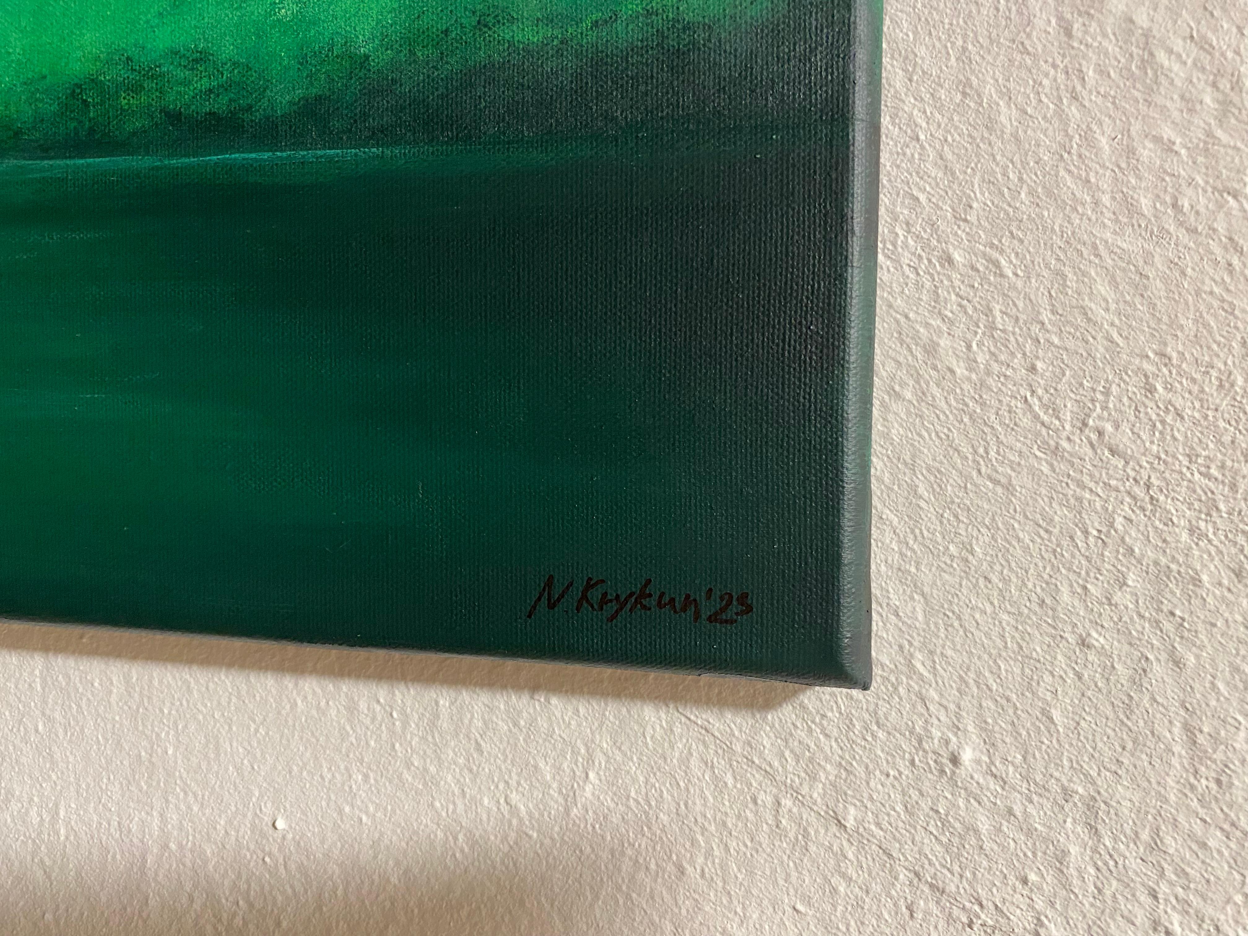 Lago verde en verano - paisaje marino minimalista, agua, horizonte, montañas - Landscape Painting Verde de Nataliia Krykun