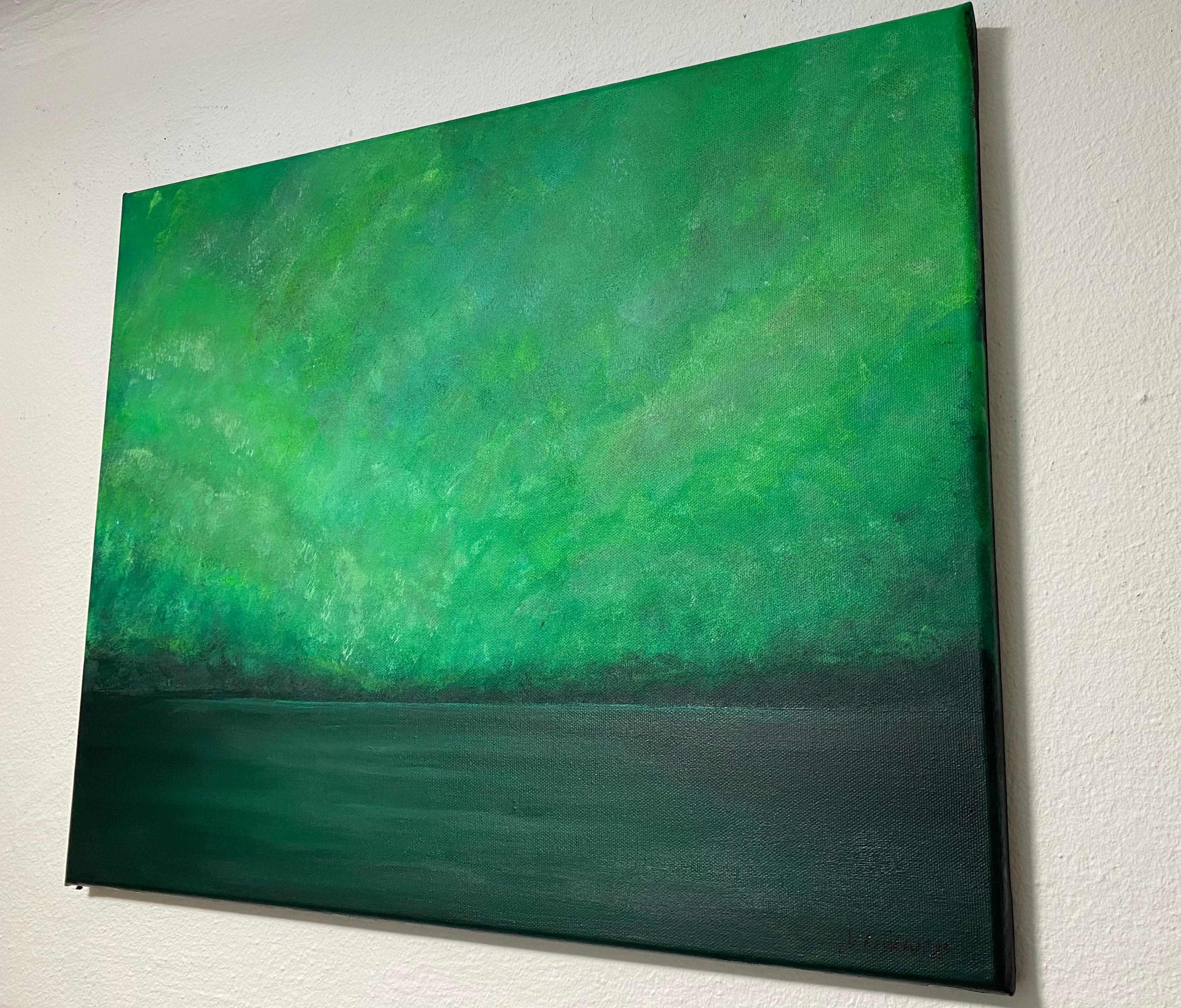 Lago verde en verano - paisaje marino minimalista, agua, horizonte, montañas en venta 1