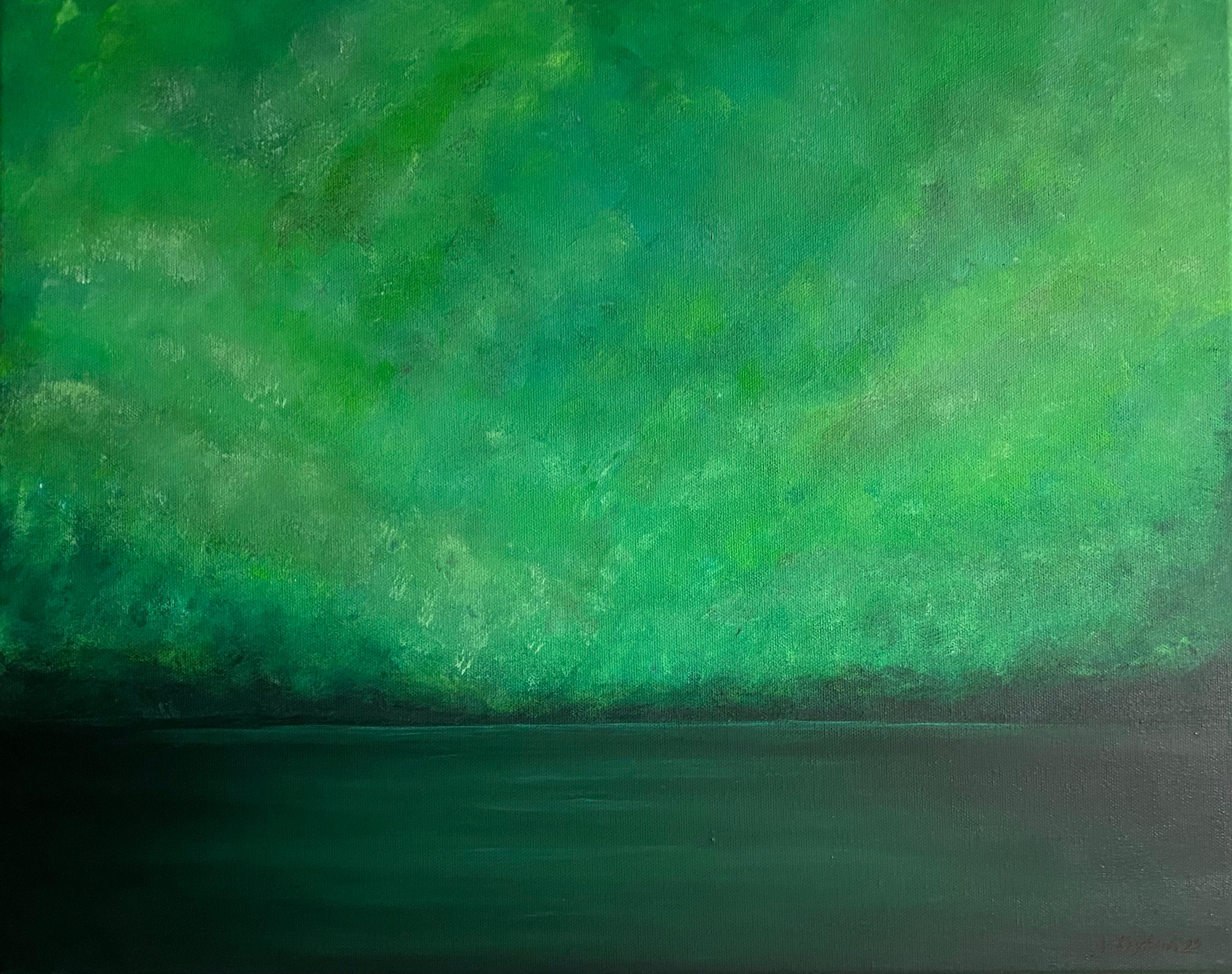 Landscape Painting de Nataliia Krykun - Lago verde en verano - paisaje marino minimalista, agua, horizonte, montañas