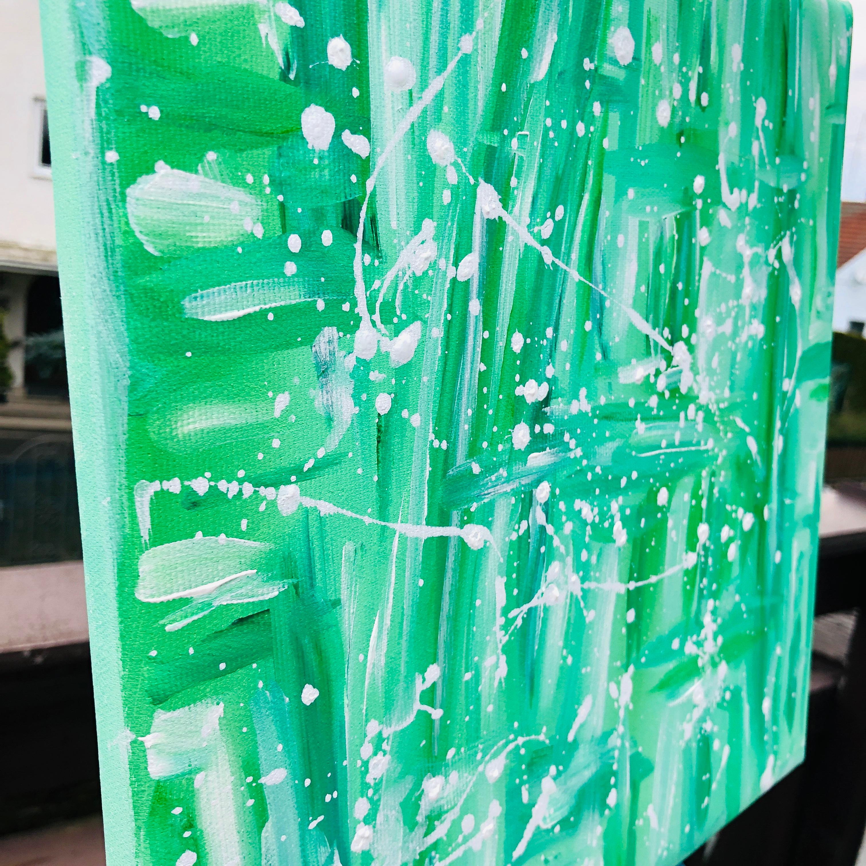 „Green leaves“ - green, white geometric abstraction, dropping - Blue Abstract Painting by Nataliia Krykun