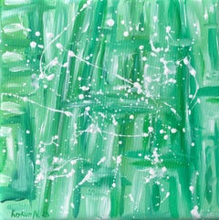 „Green leaves“ - green, white geometric abstraction, dropping