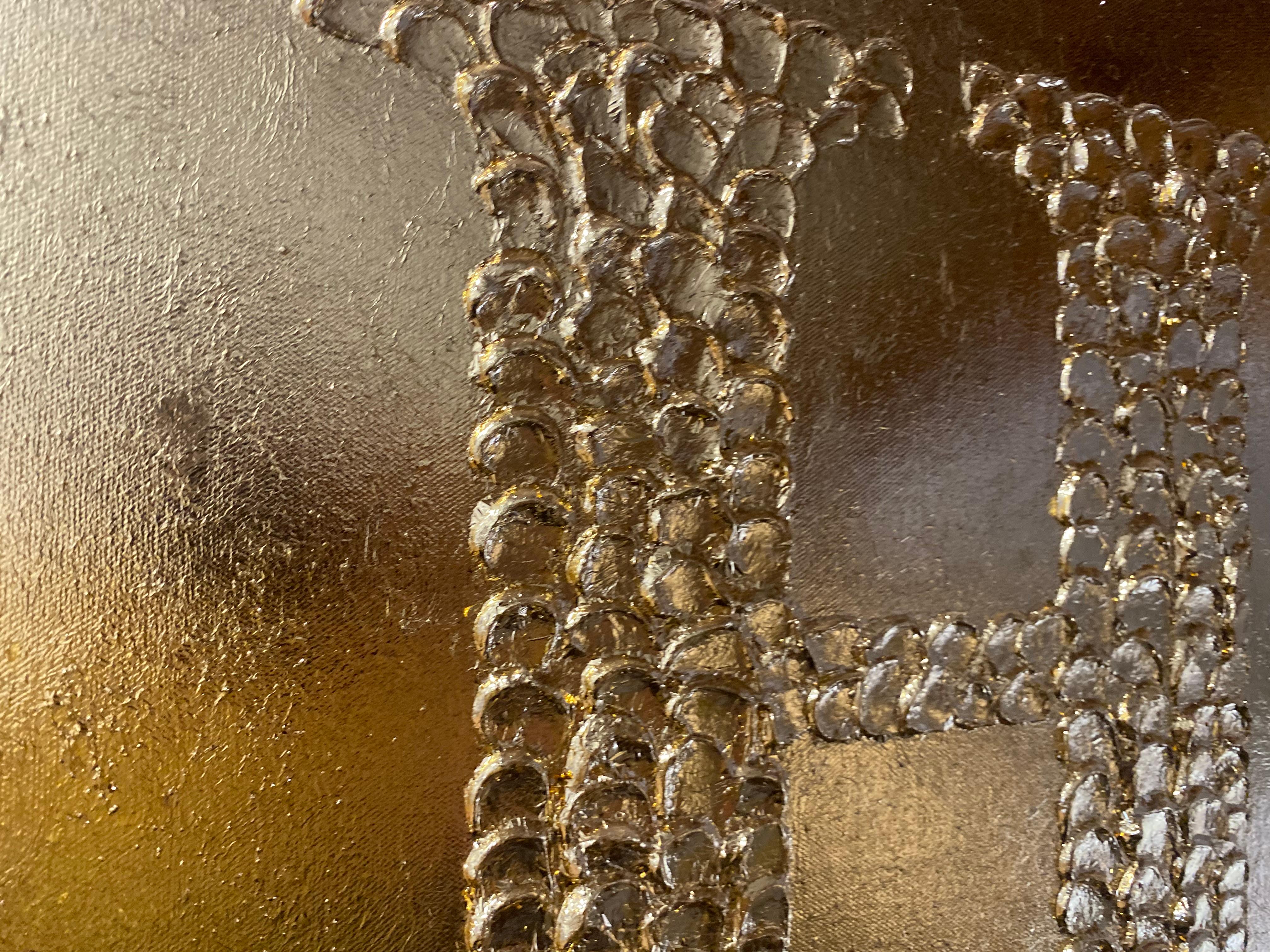 HOPE - gold leaf 3D, textured, minimalism - Abstract Painting by Nataliia Krykun