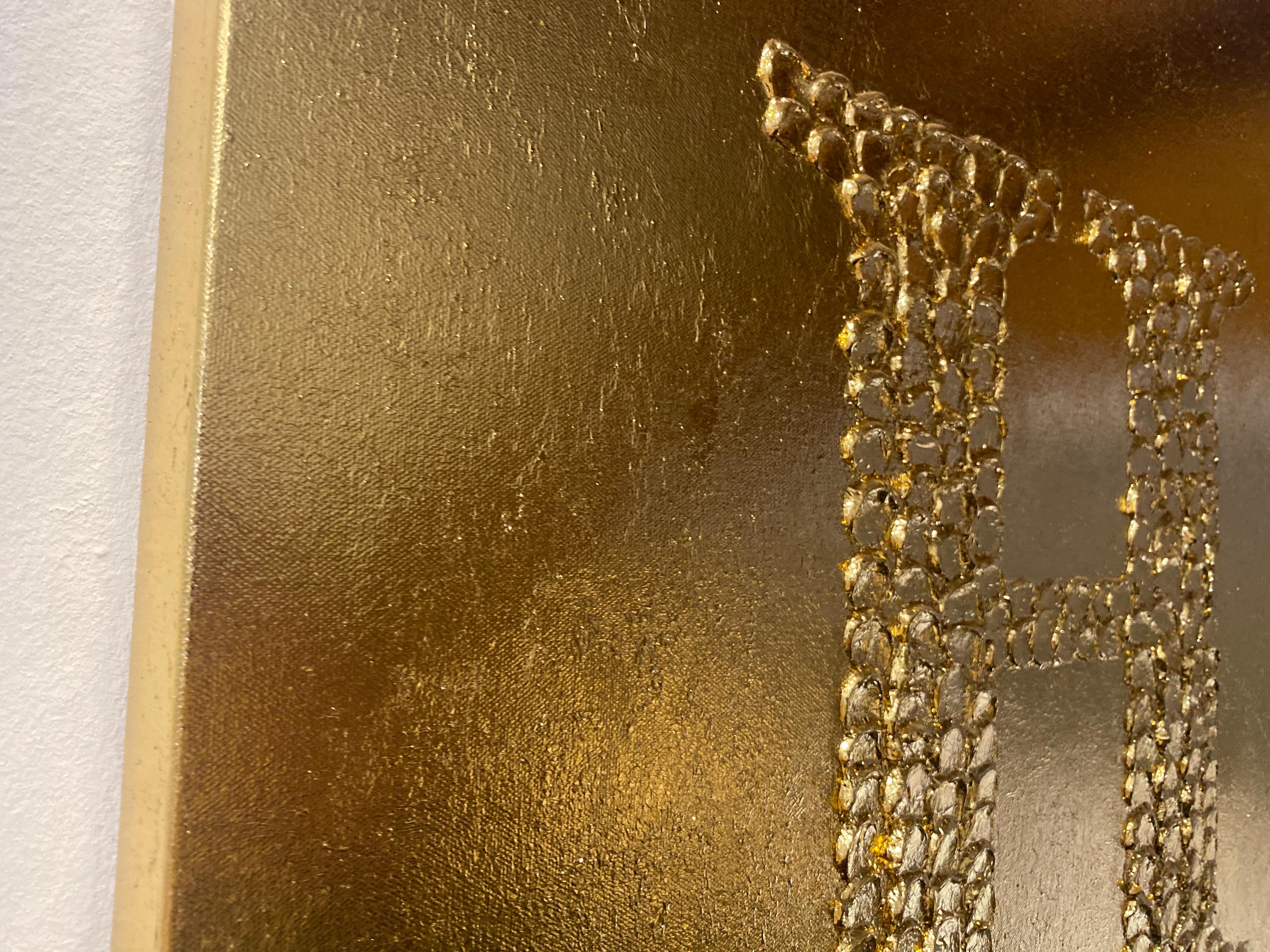 HOPE - gold leaf 3D, textured, minimalism - Brown Abstract Painting by Nataliia Krykun