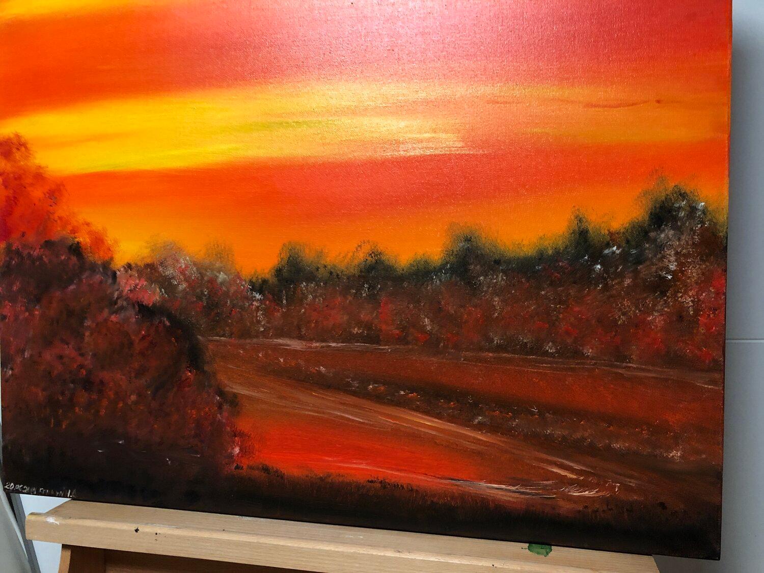 Acrilico, olio su tela
Opera d'arte su telaio in legno supportato. Pronto per essere appeso. Cornice su richiesta.
60x70cm
Informazioni su questa opera d'arte
Tramonto rosso.
Il colore rosso della passione, della vita, dell'amore. Le albe rosse, i