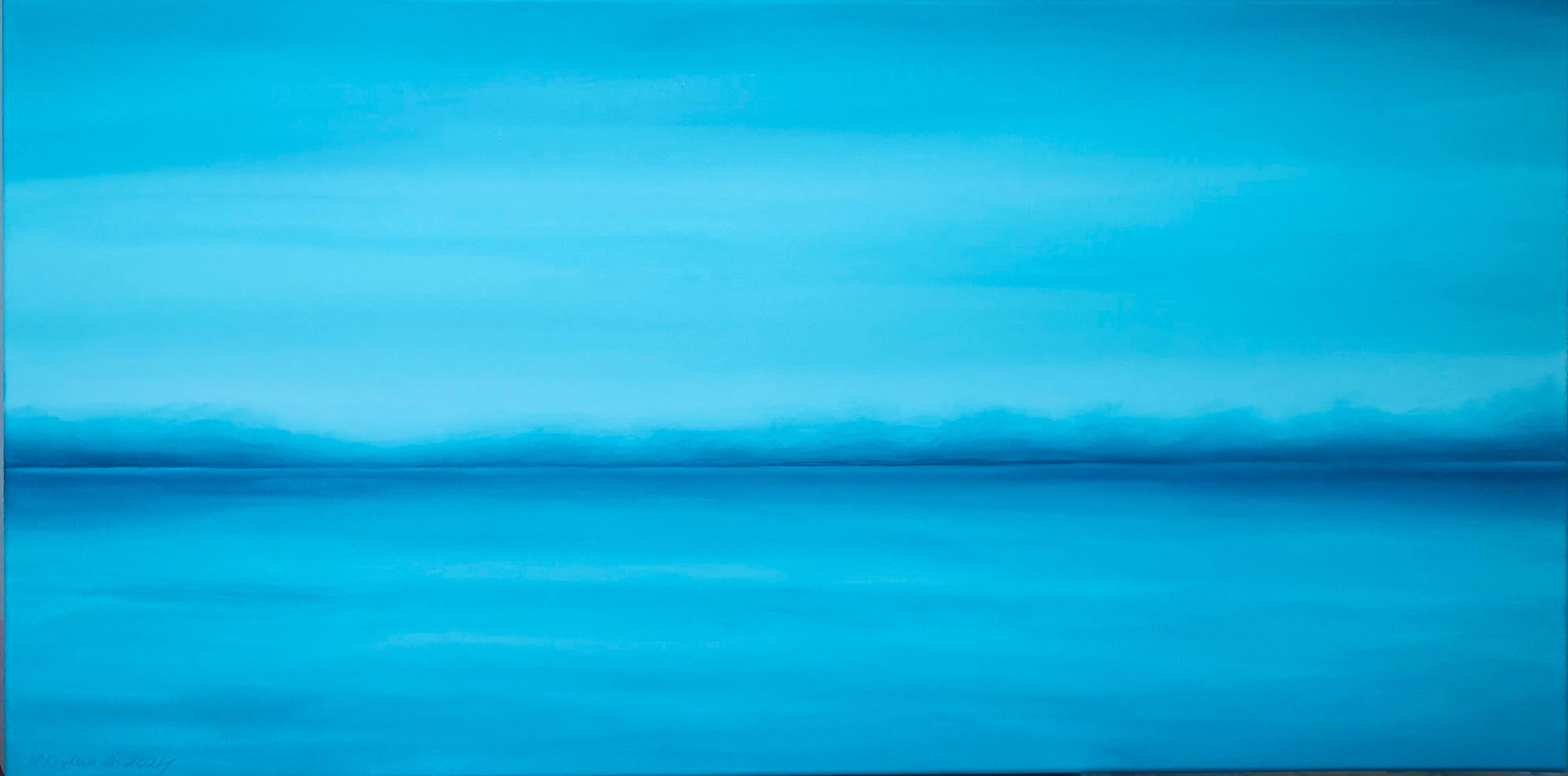 Mar azul claro- Agua turquesa y horizonte oceánico, paisaje marino azul, olas en venta 5