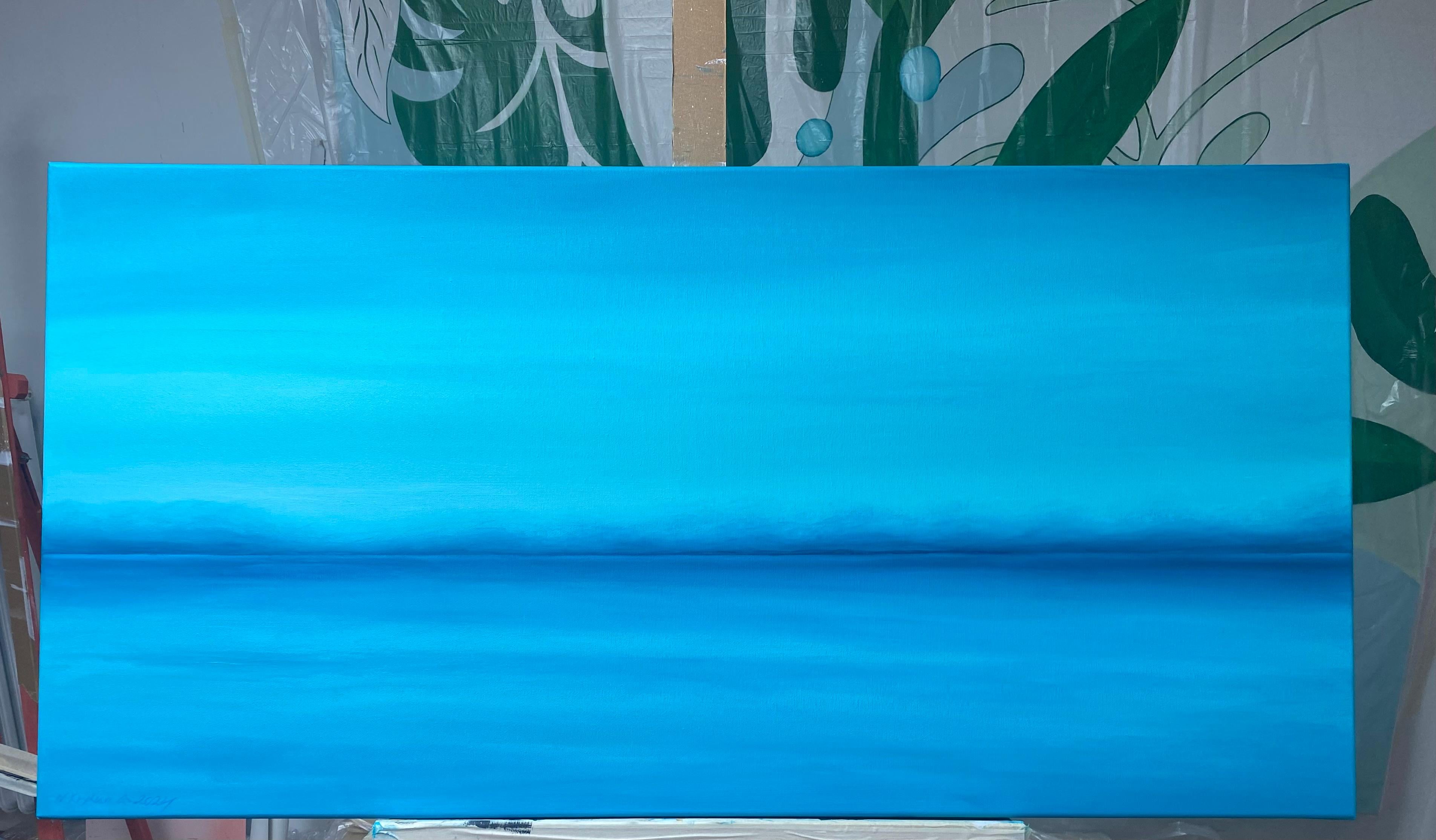 Mar azul claro- Agua turquesa y horizonte oceánico, paisaje marino azul, olas - Painting de Nataliia Krykun