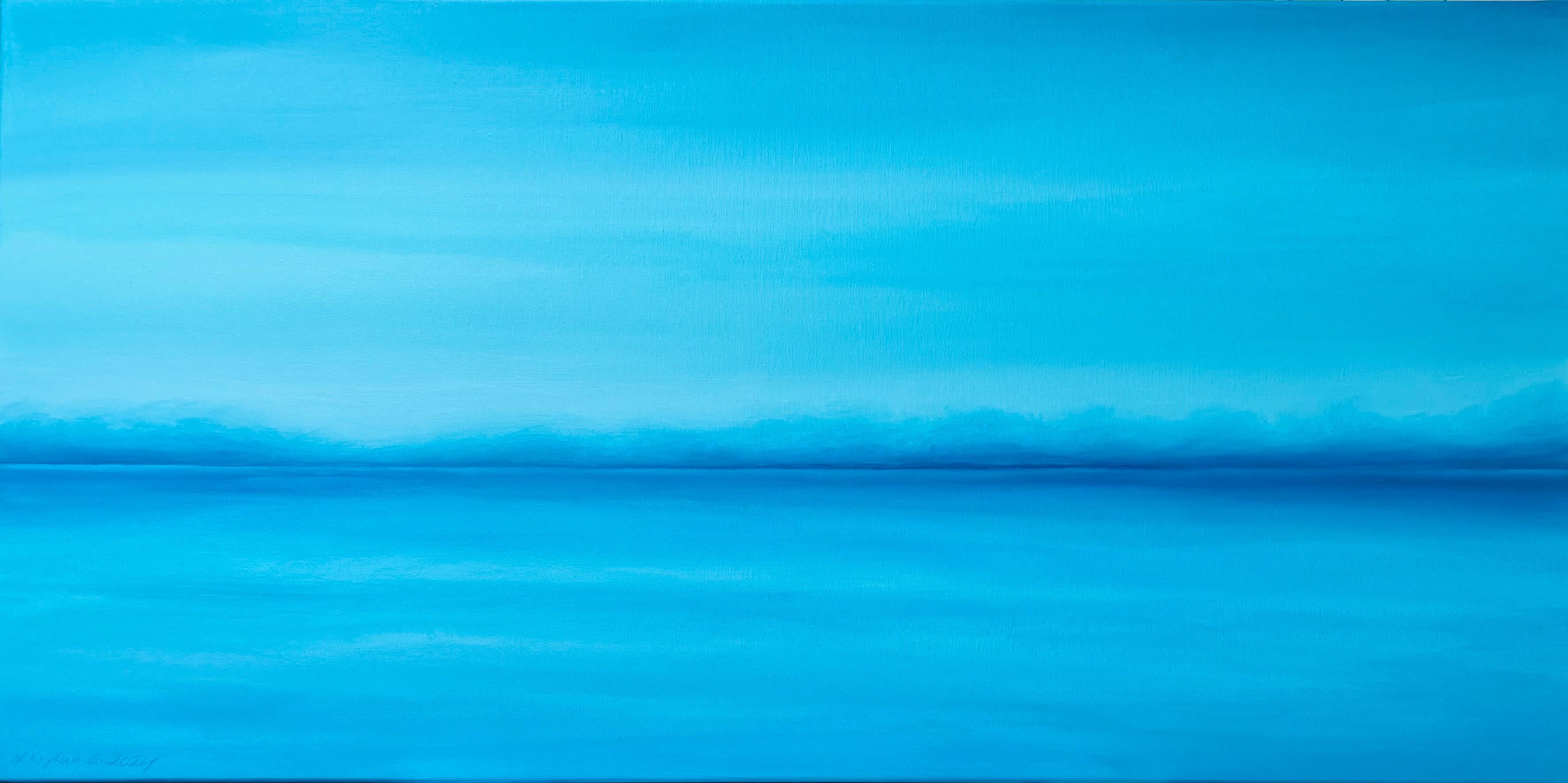 Mar azul claro- Agua turquesa y horizonte oceánico, paisaje marino azul, olas