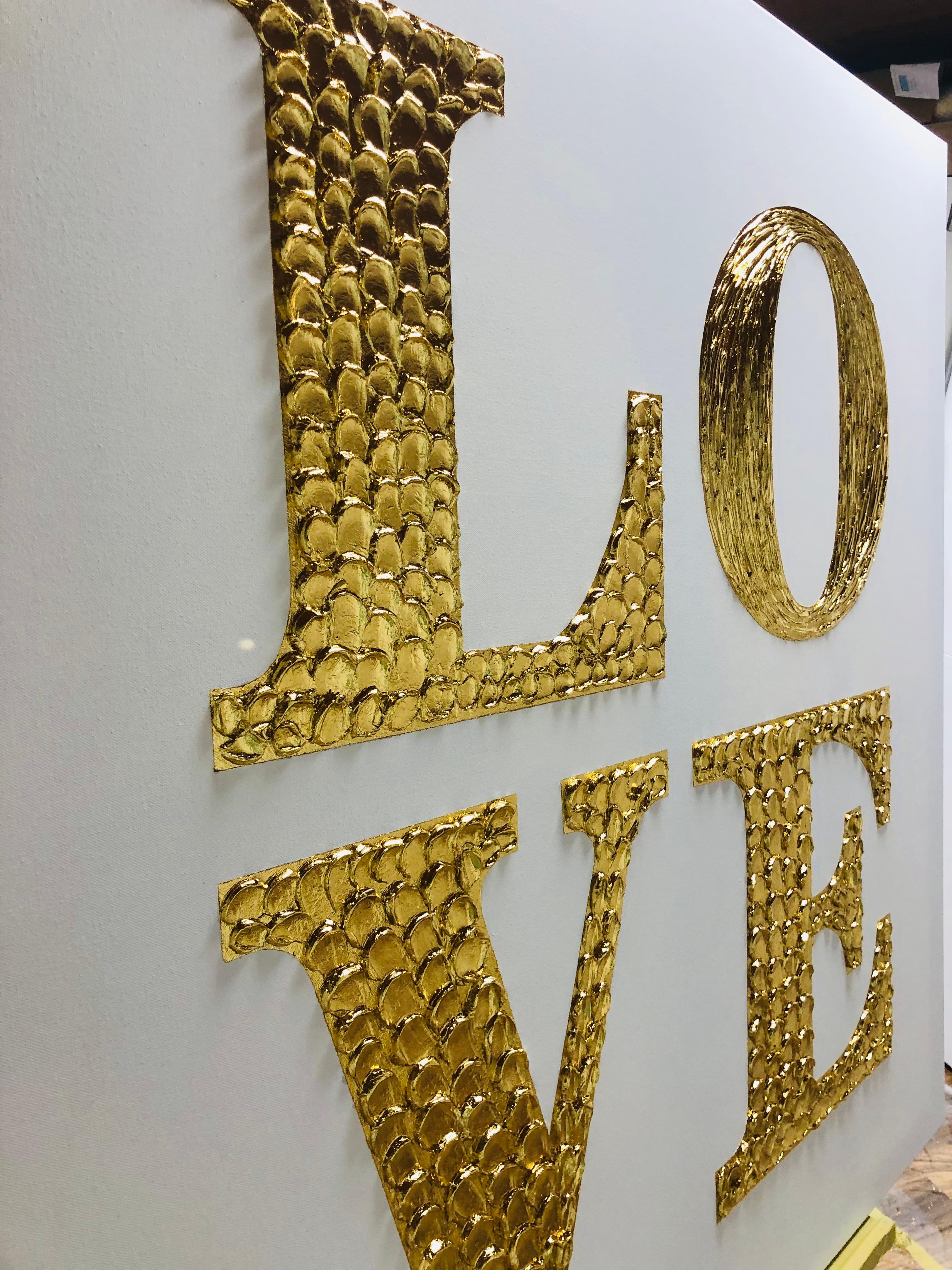 Love gold - 3D love, Amour, Amore blanc et or texturé, dorure - Or Interior Painting par Nataliia Krykun