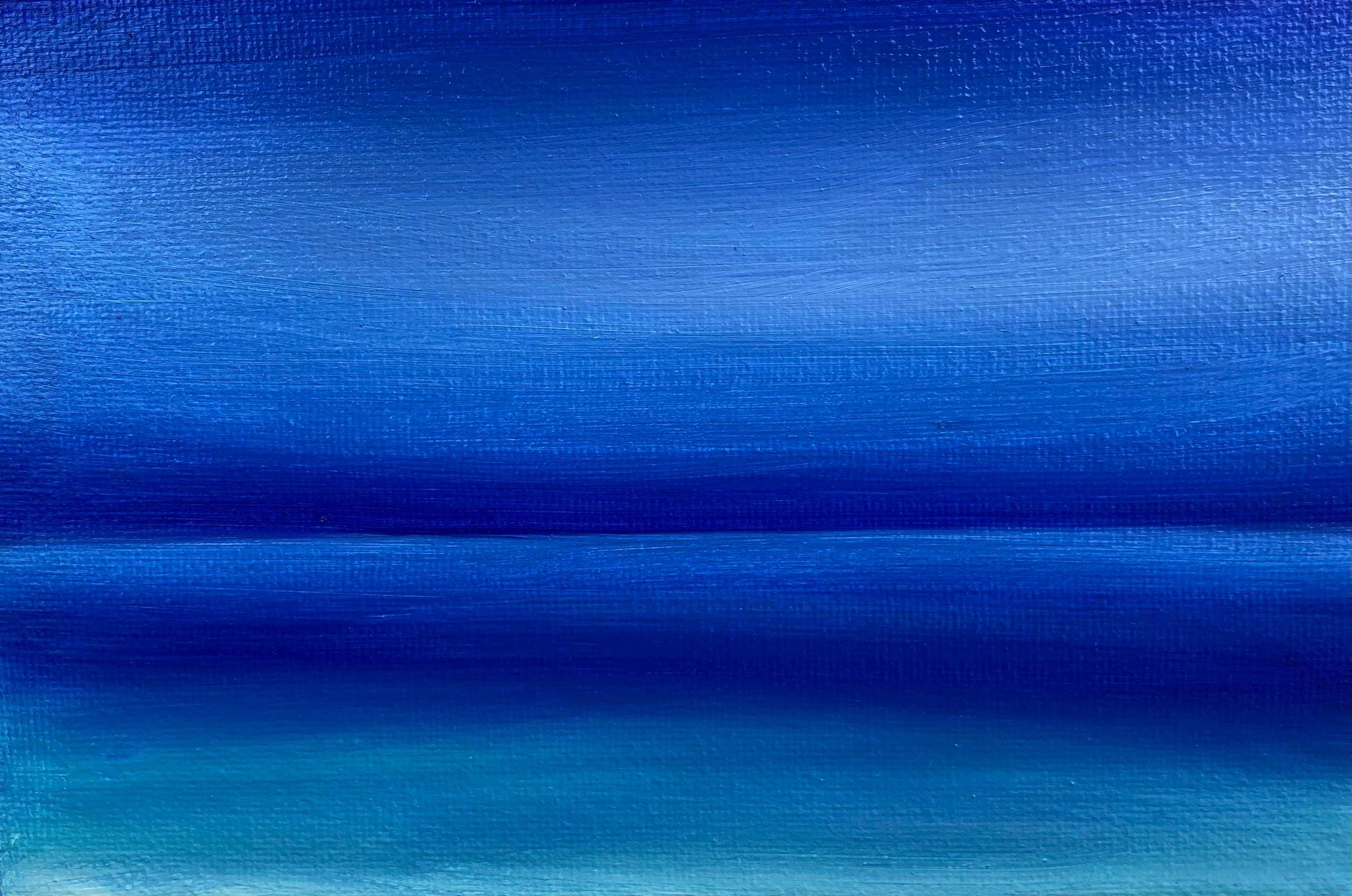Esta obra de arte es una hipnotizante muestra de belleza minimalista y profunda tranquilidad, encapsulada en una composición sencilla pero cautivadora. El artista ha empleado magistralmente un rico espectro de tonos azules para evocar la naturaleza