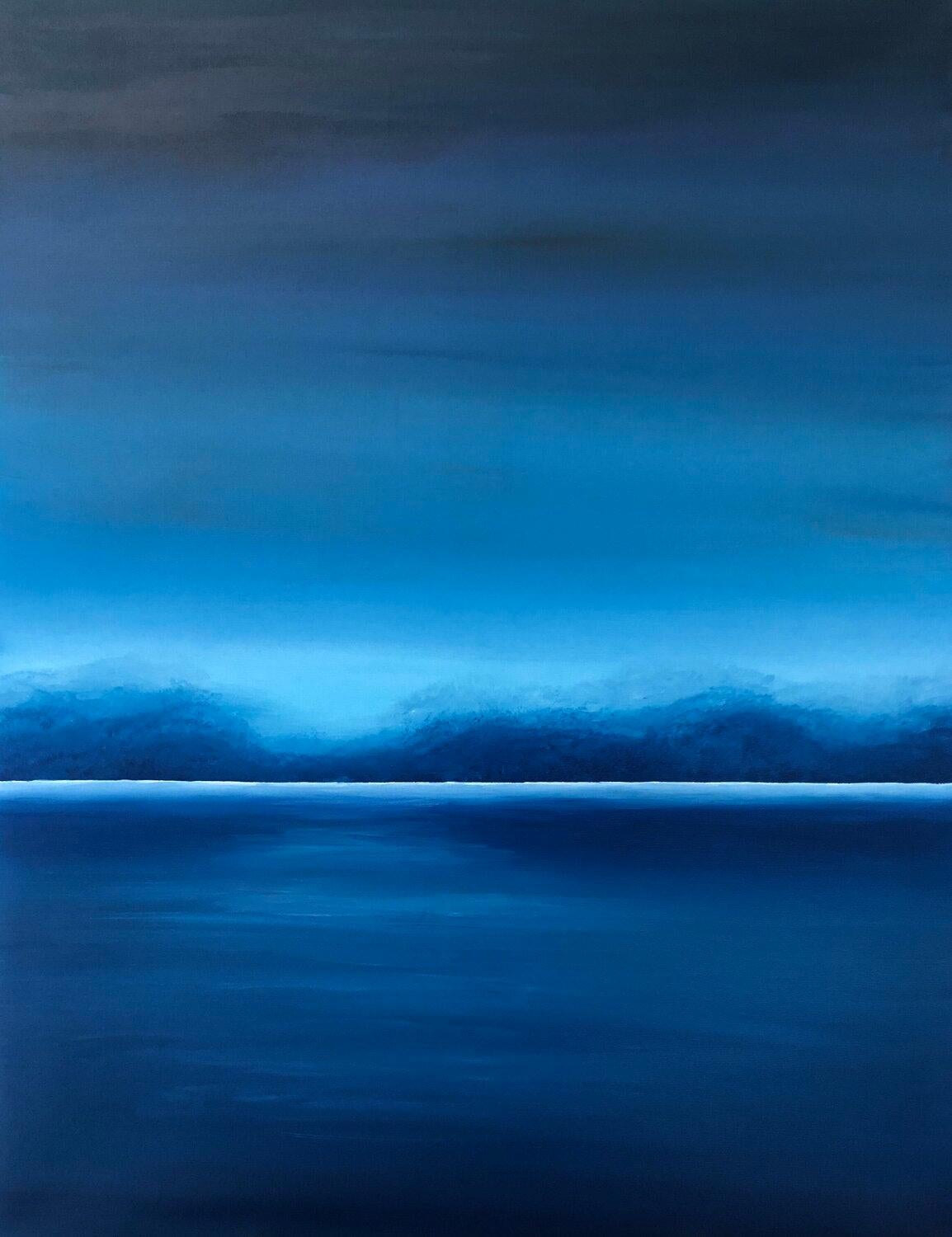 Interior Painting di Nataliia Krykun - "Lago notturno in Ucraina" Blu impressioni astratte minimalismo paesaggio marino, acqua cielo