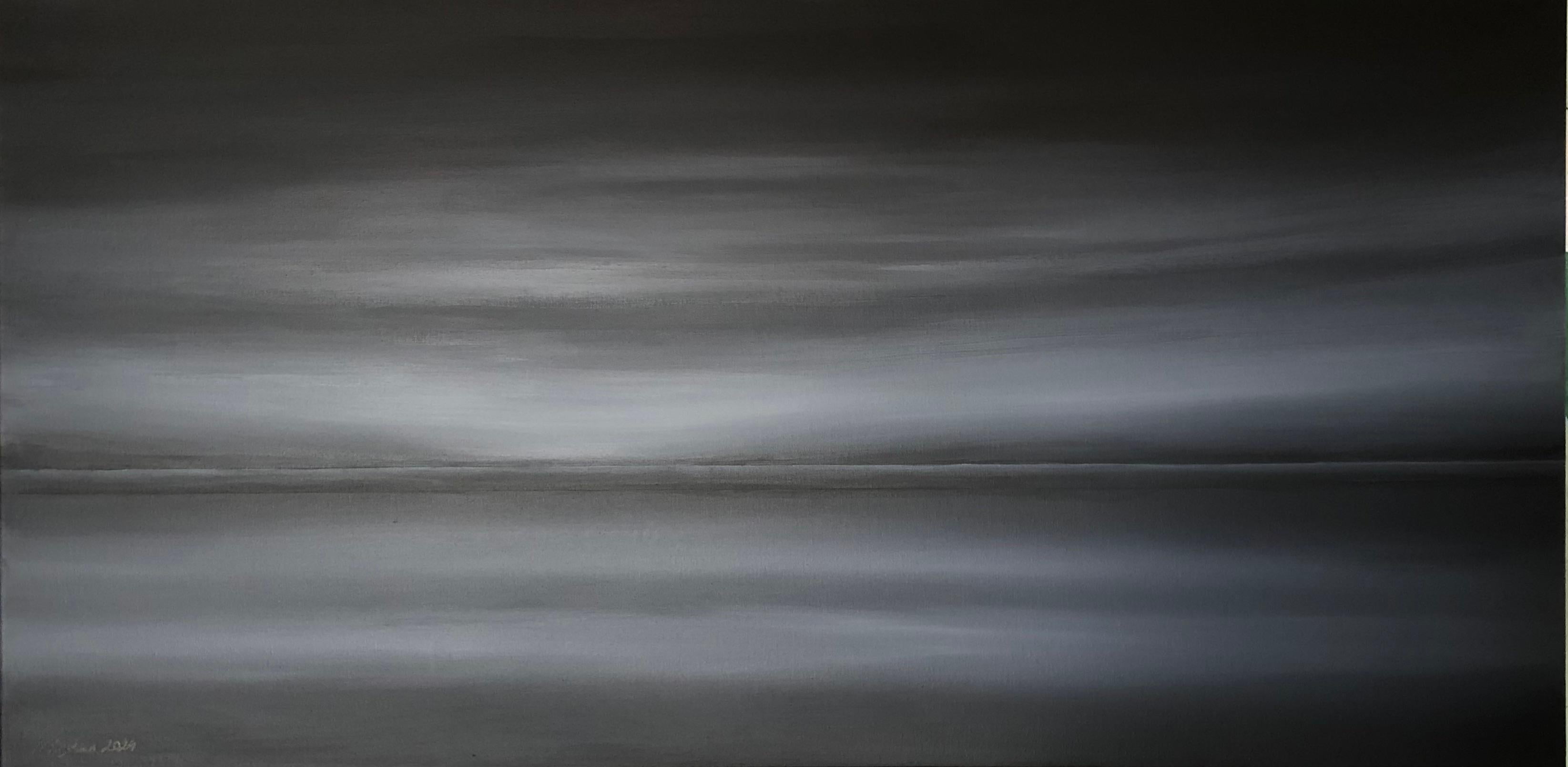 Night Sea - dark minimalism landscape, water, seascape - Painting by Nataliia Krykun