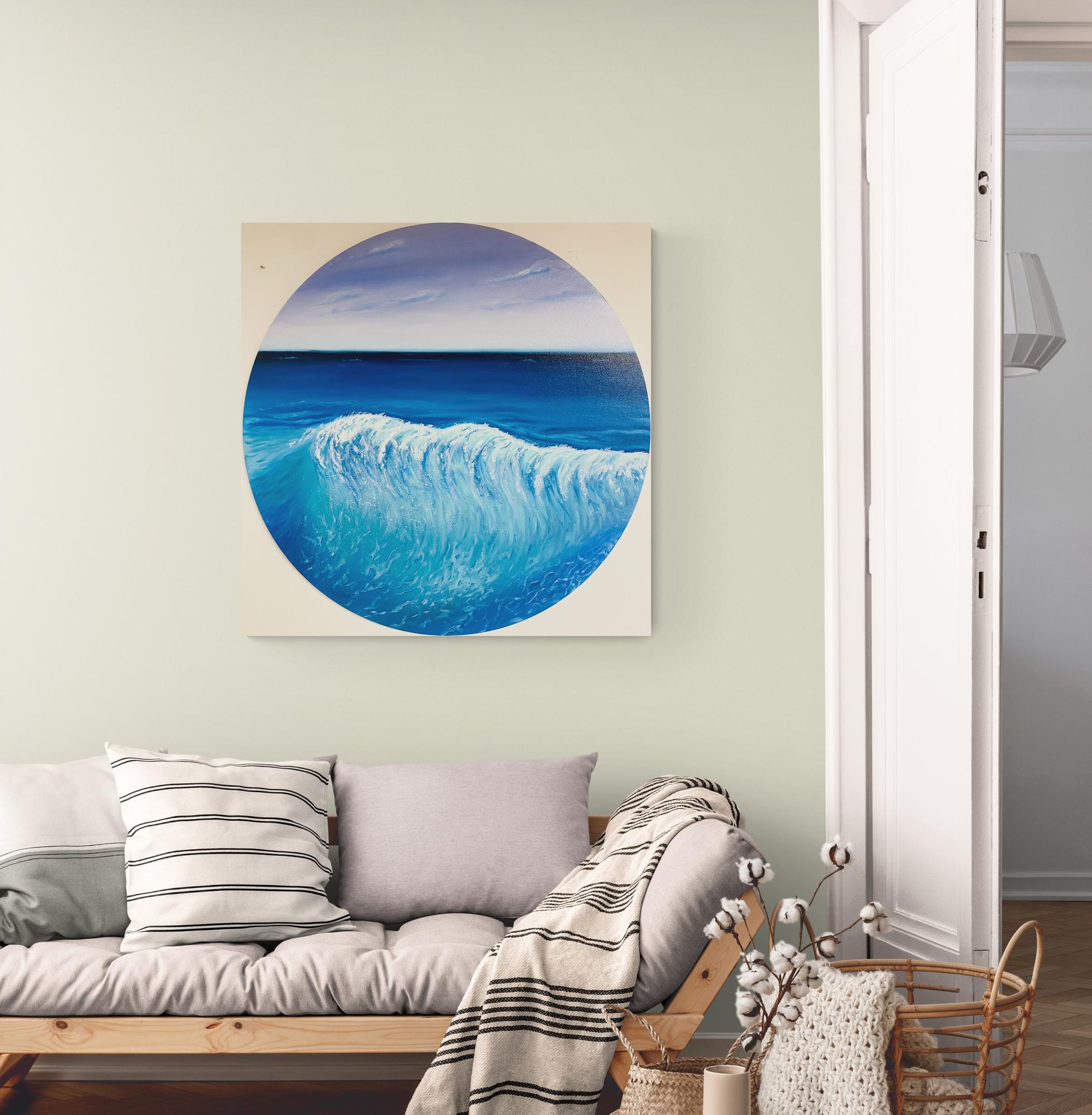 Ola del océano - Agua turquesa y horizonte oceánico, paisaje marino azul, olas - Painting Realista de Nataliia Krykun