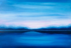 "Coucher de soleil rose - Abstraction impressionniste paysage marin bleu, ciel
