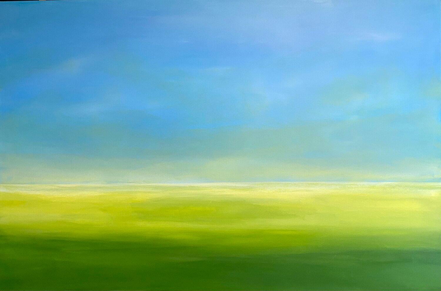 Campo de violación, paisaje minimalista cielo azul, campo verde - Painting de Nataliia Krykun