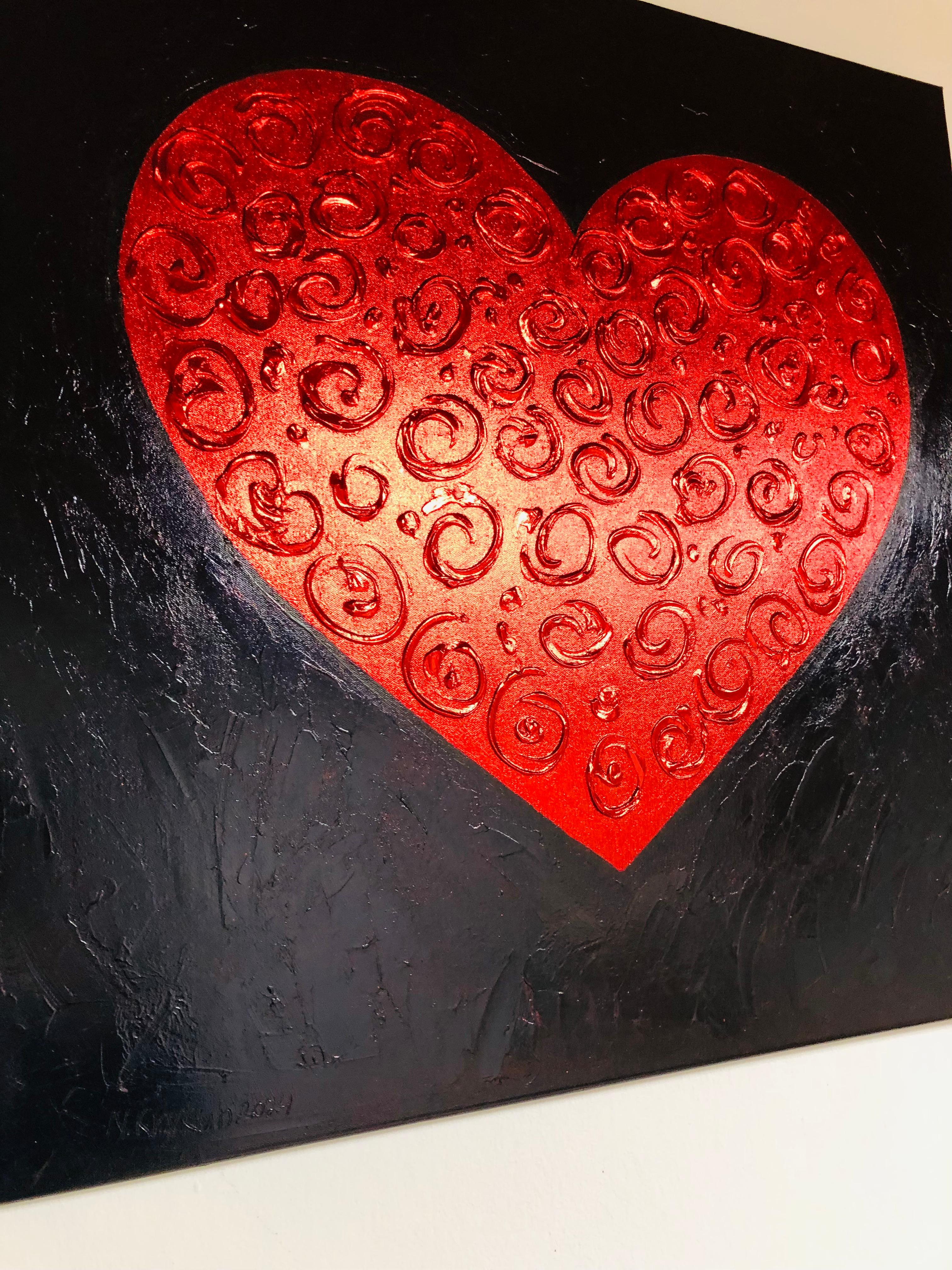Red Heart on black - 3D love, Amour, Amore white and gold textured, gilding For Sale 12