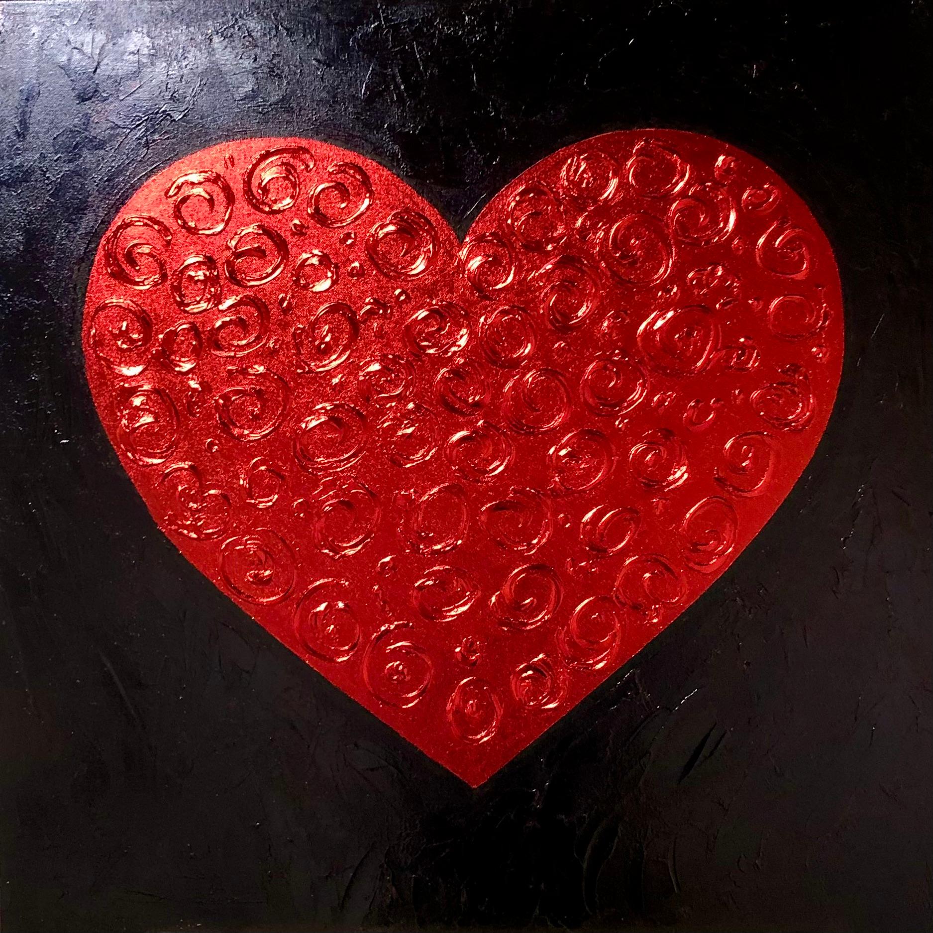 Red Heart on black - 3D love, Amour, Amore white and gold textured, gilding - Painting by Nataliia Krykun