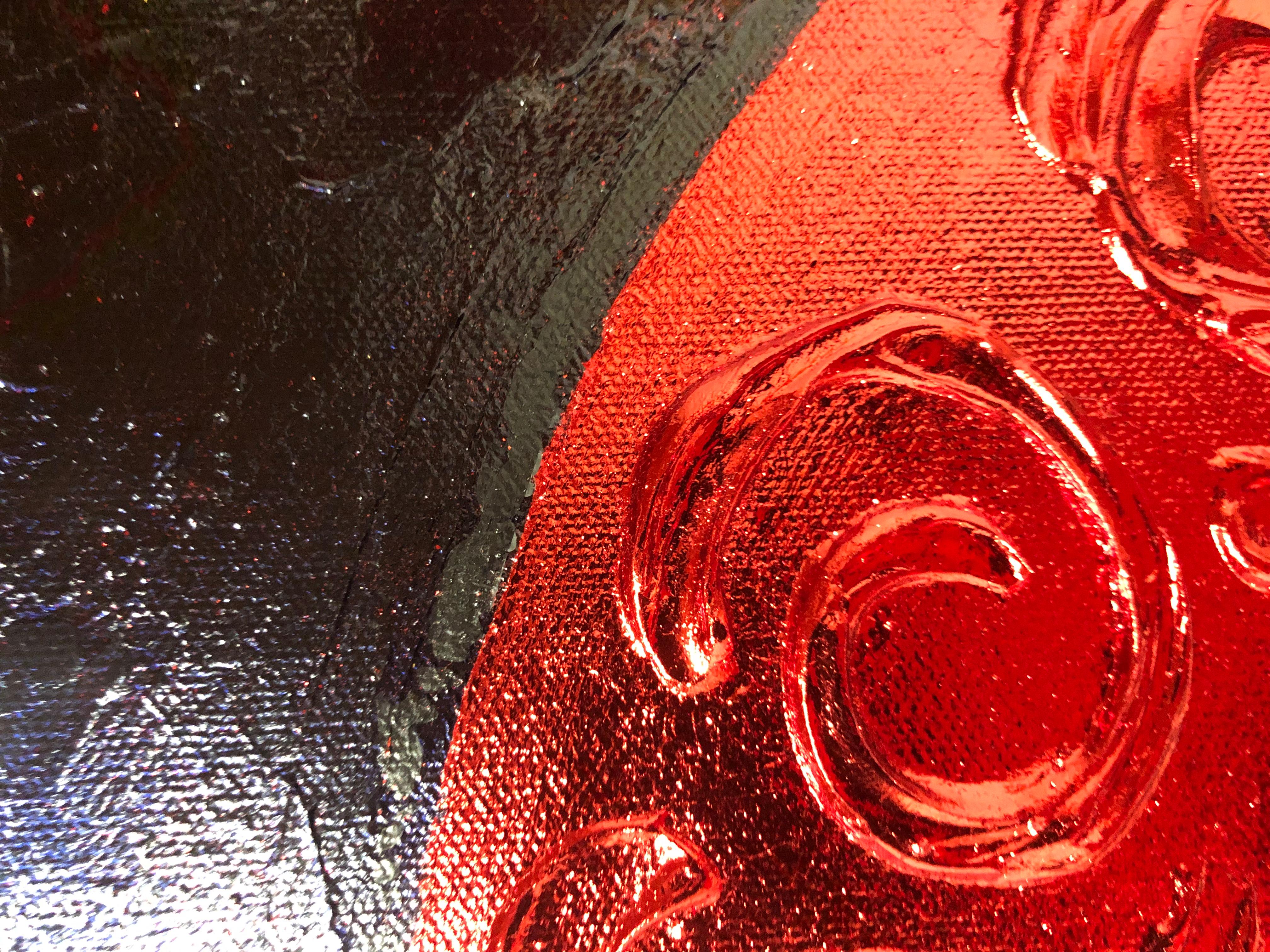 Red Heart on black - 3D love, Amour, Amore white and gold textured, gilding - Abstract Painting by Nataliia Krykun