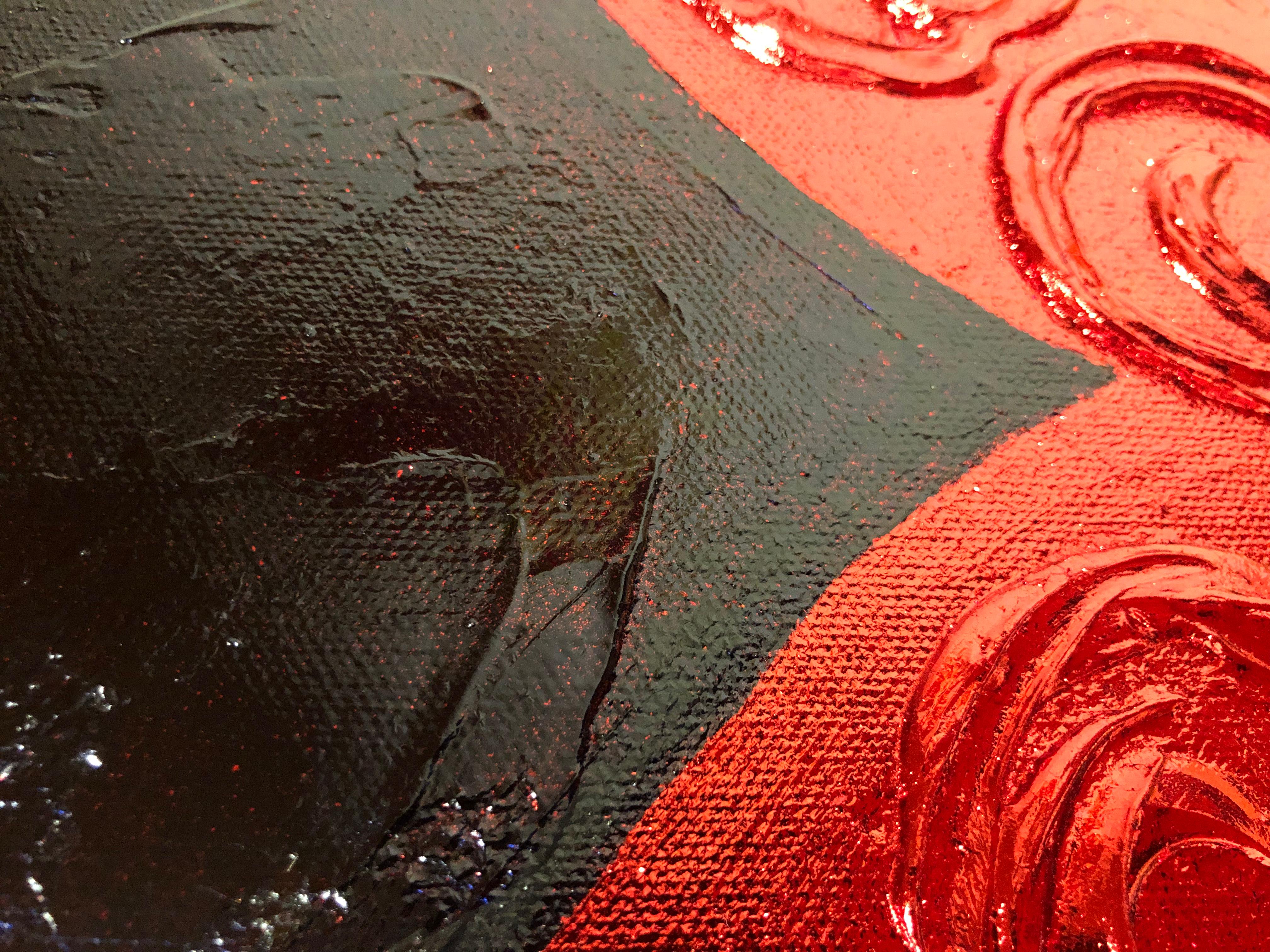 Red Heart on black - 3D love, Amour, Amore white and gold textured, gilding - Gold Interior Painting by Nataliia Krykun