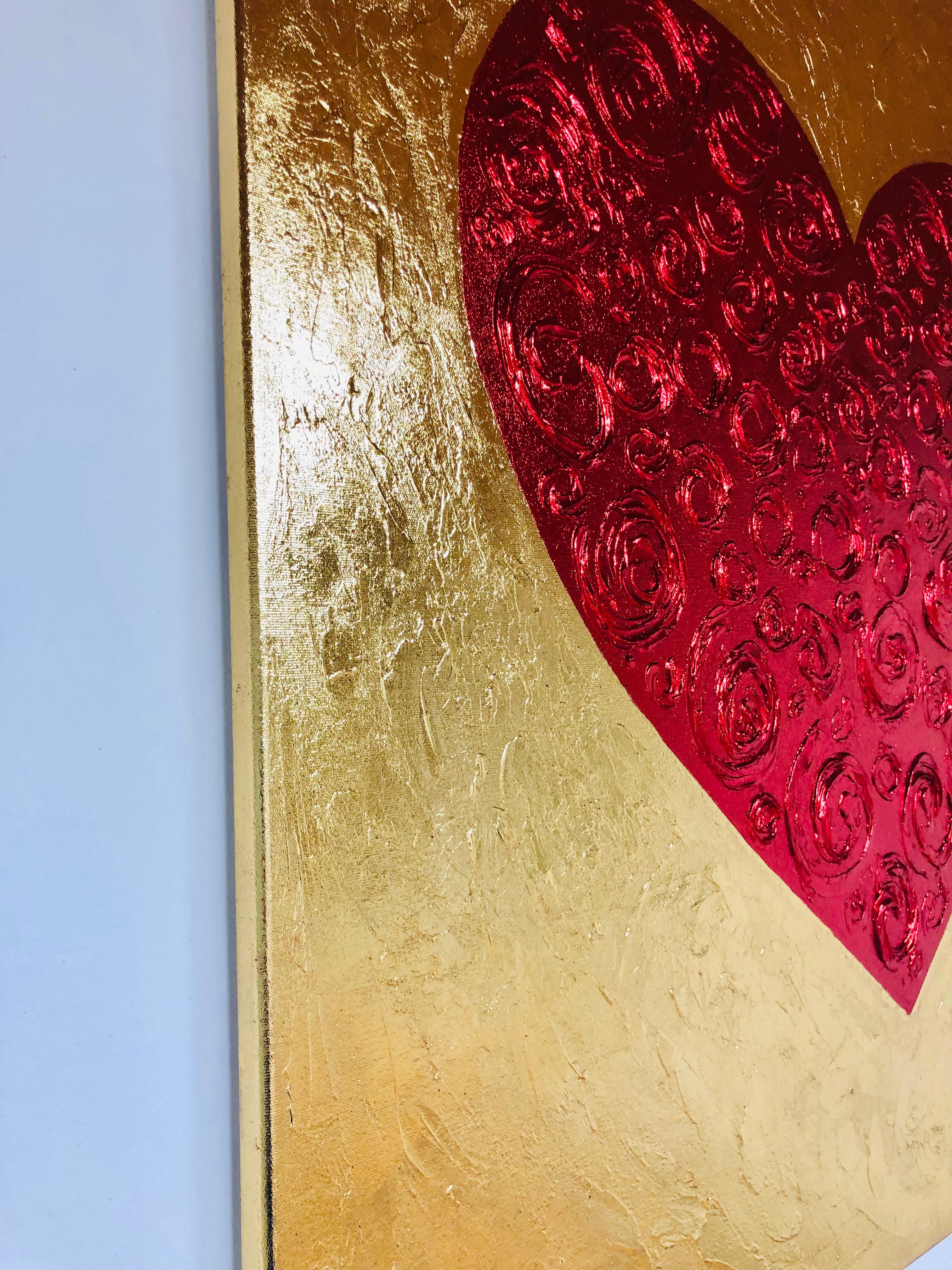Red Heart on gold - 3D love, Amour, Amore white and gold textured, gilding - Painting by Nataliia Krykun