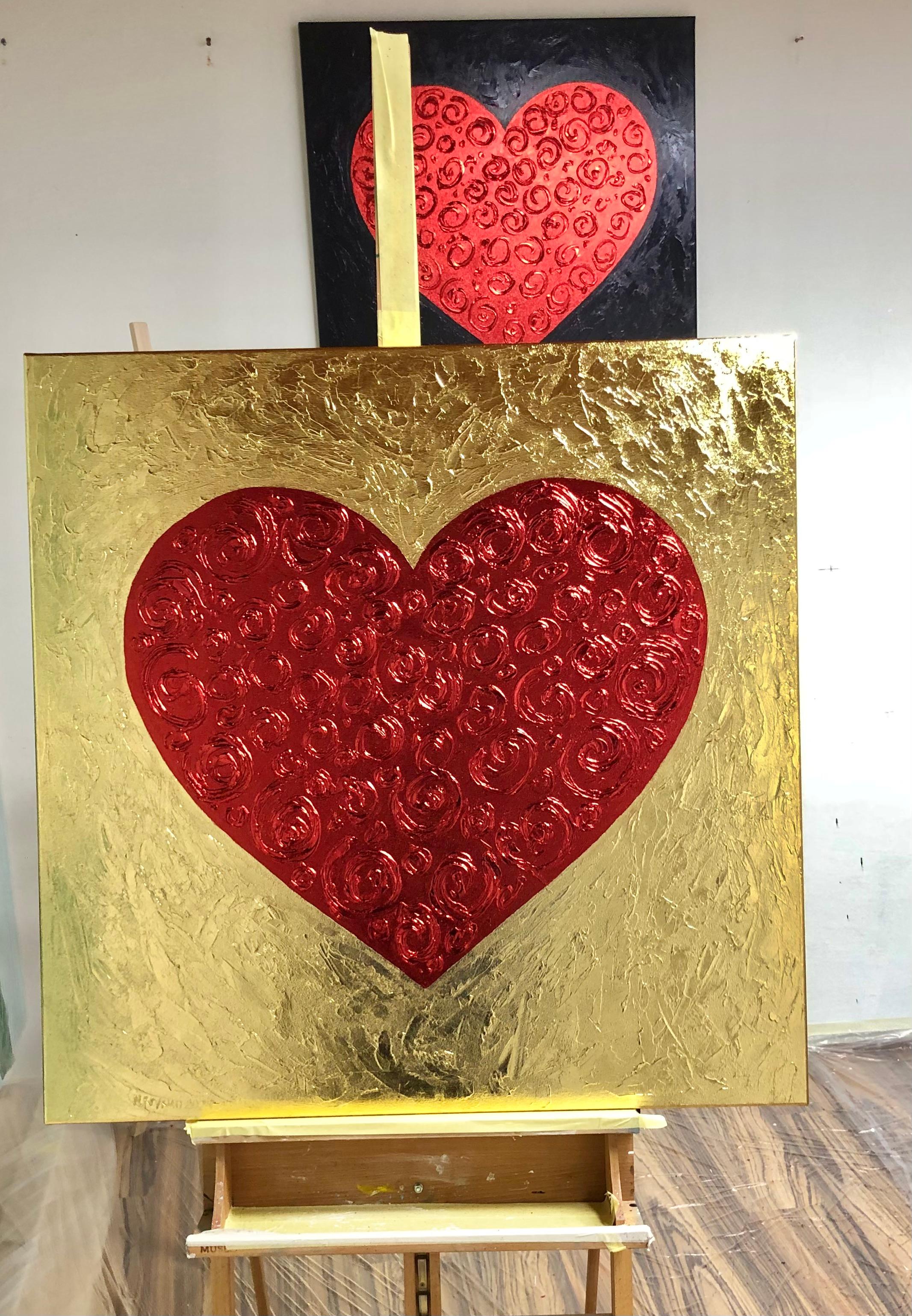 Red Heart on gold - 3D love, Amour, Amore white and gold textured, gilding - Gold Interior Painting by Nataliia Krykun