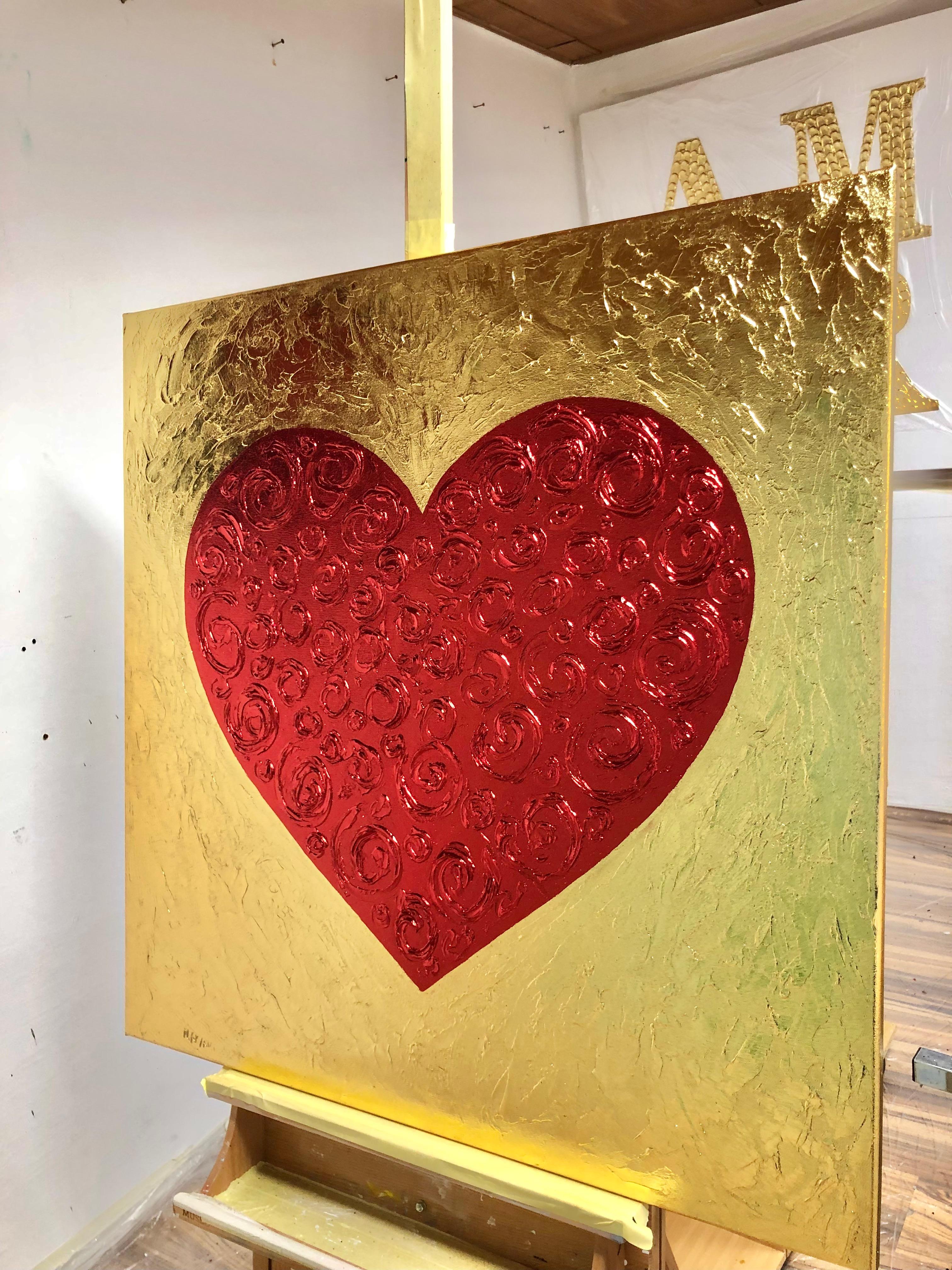 Red Heart on gold - 3D love, Amour, Amore white and gold textured, gilding 1