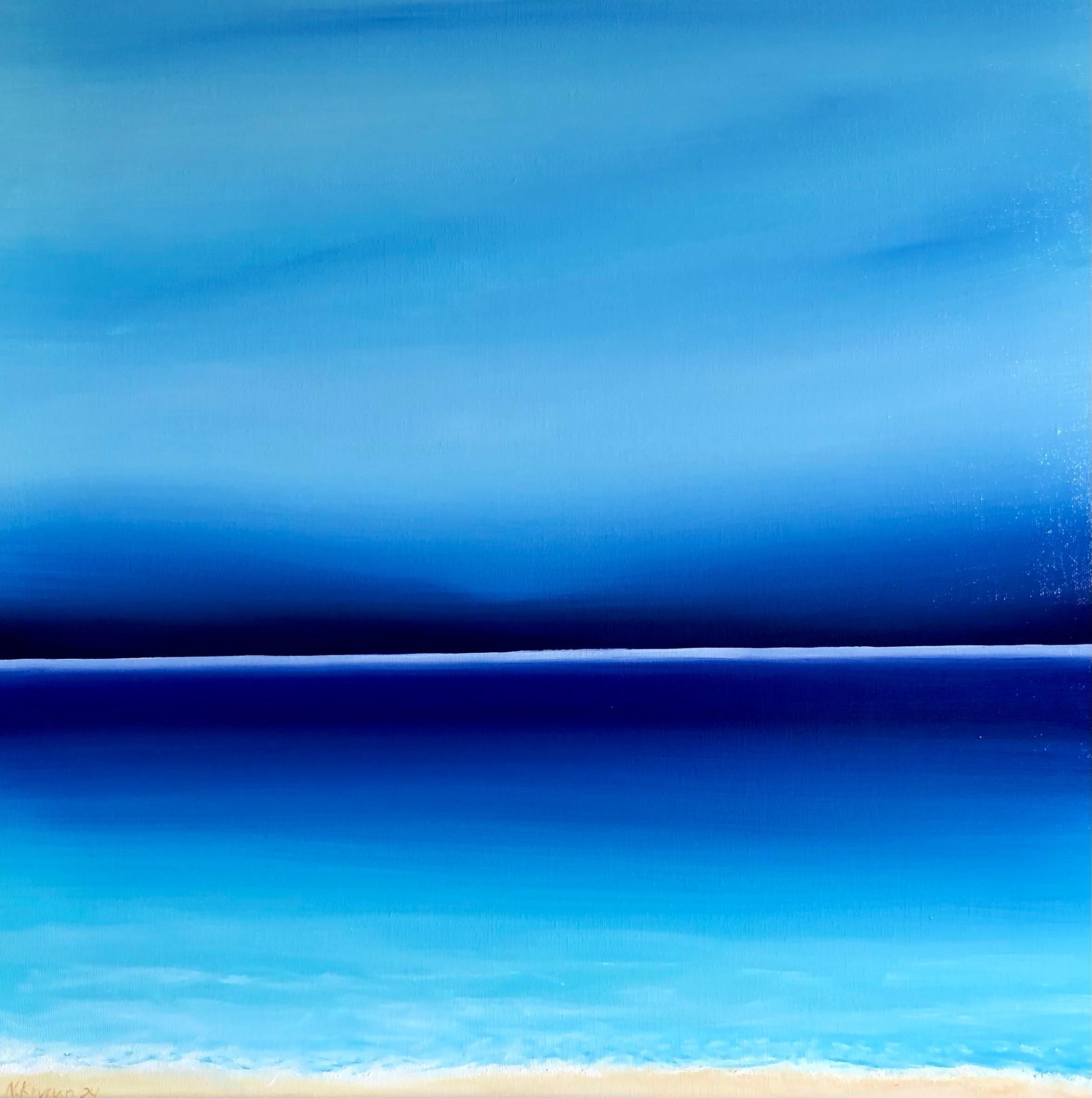 Paisaje marino azul minimalismo - Puesta de sol, horizonte, olas turquesas - Painting de Nataliia Krykun