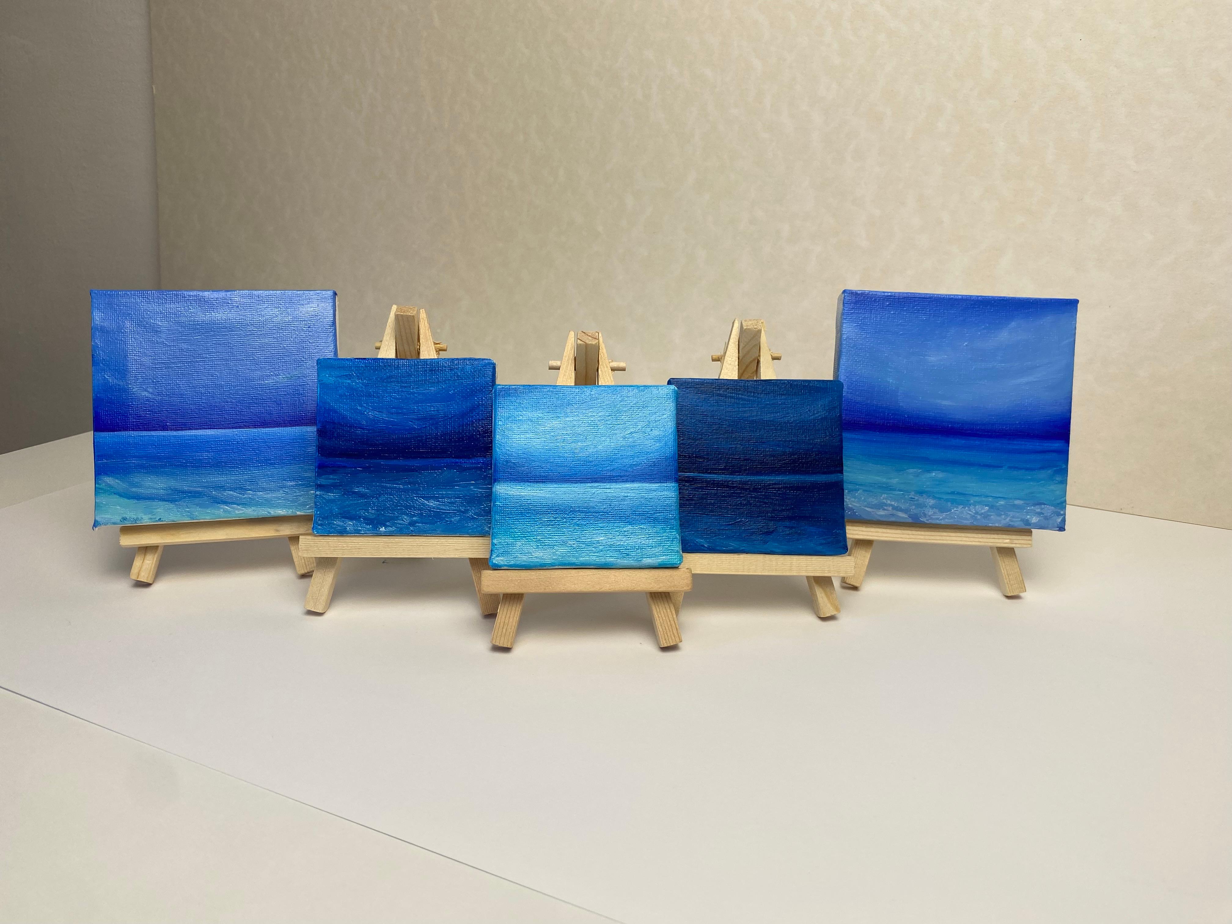 Paesaggio marino - Tramonto, orizzonte, acqua  onde - Landscape Painting Blu di Nataliia Krykun