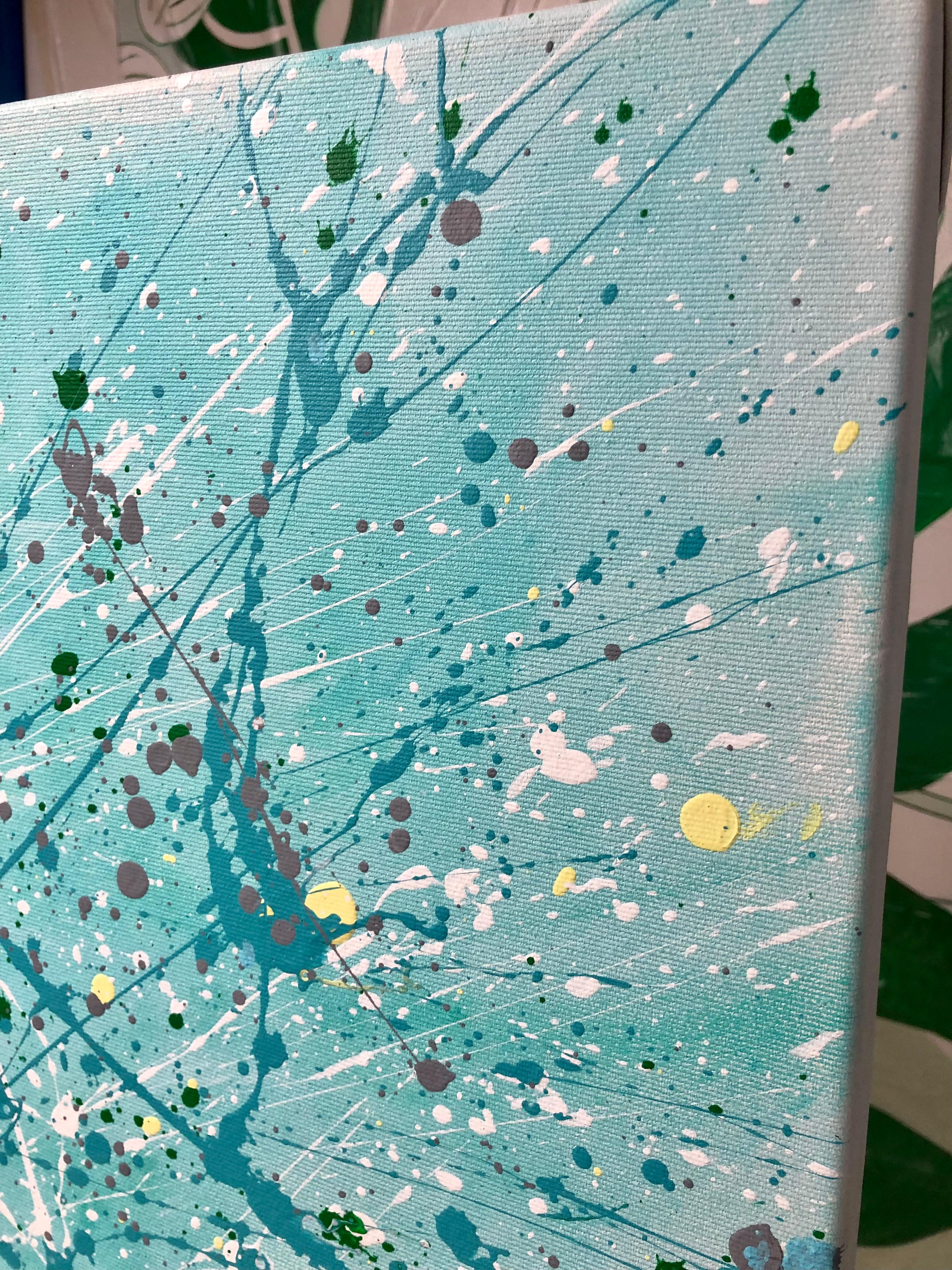 In this spirited creation, I let my emotions flow like a vibrant river, marrying acrylic and oil against a canvas of possibilities. Turquoise hues whisper tales of tranquility while splashes of white and hints of yellow evoke bursts of joy. This