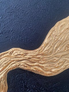 Serie "Fuerza de la Naturaleza" - pan de oro negro abstracto en 3D, texturizado, minimalista