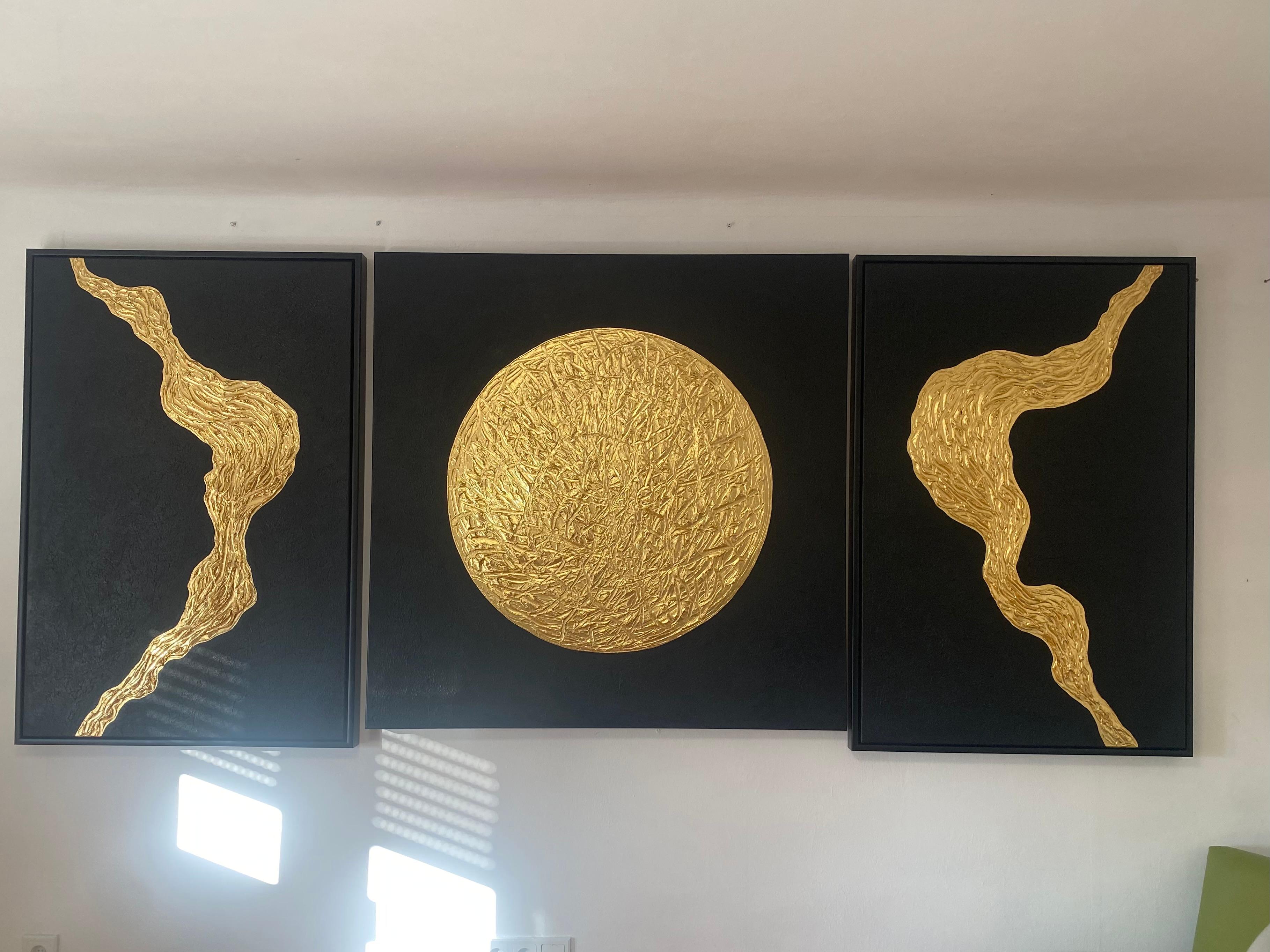 I poured my passion into crafting this bold, geometric circle, gilded with shimmering gold leaf to capture light and elevate spirit. The textured surface pulses with quiet energy against the rich black backdrop, inviting calm and focus. This