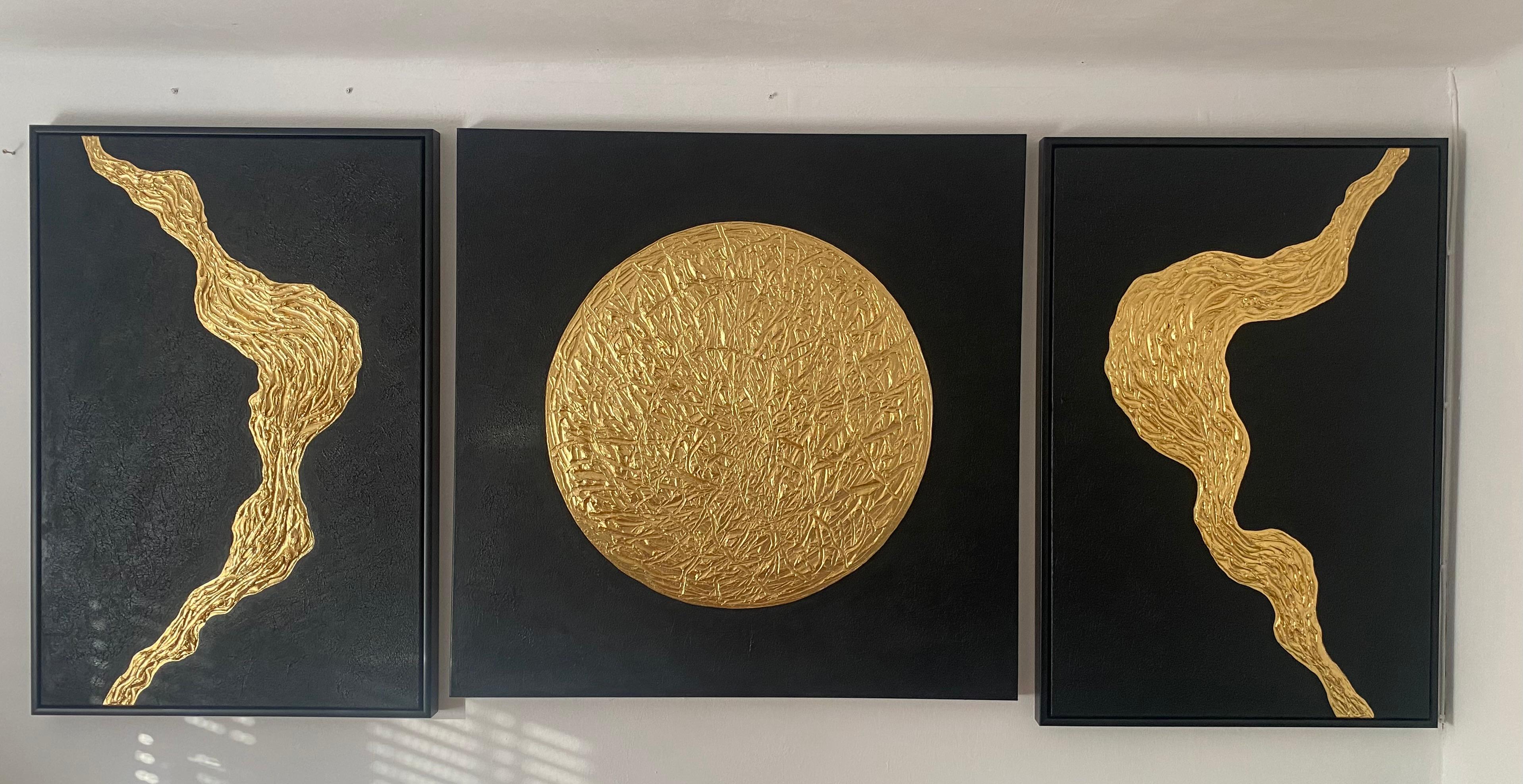 Series "Force of Nature” - gold leaf black abstract in 3D, textured, minimalism