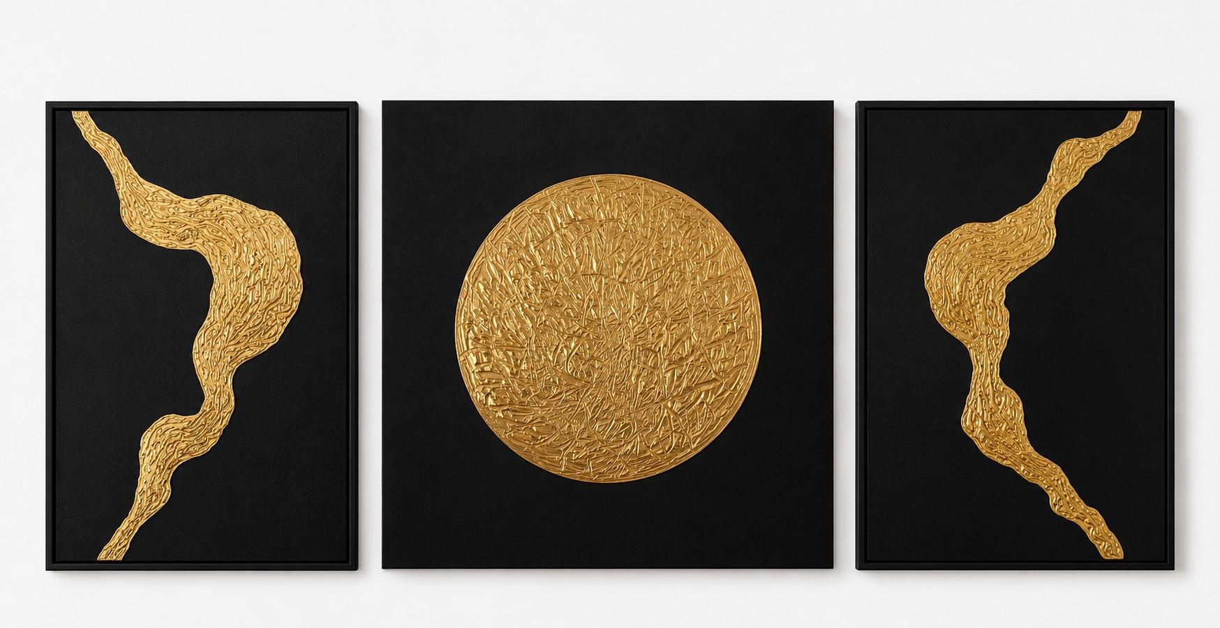 Series "Force of Nature” - gold leaf black abstract in 3D, textured, minimalism