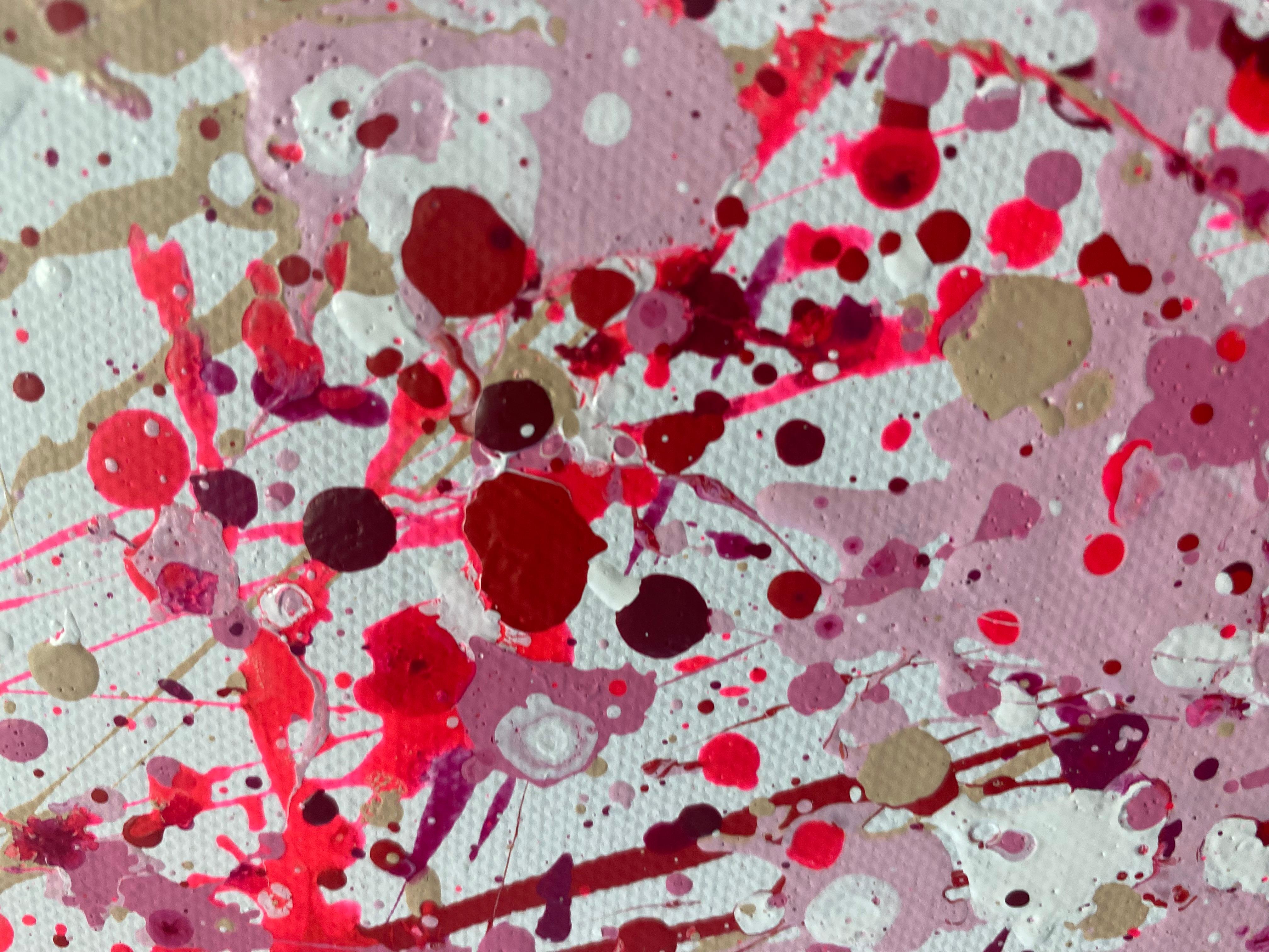 Peinture abstraite dans la couleur principale blanche avec des éléments en rouge, rose.
Cette peinture abstraite est vivante et expressive.
Le minimalisme abstrait associé à
