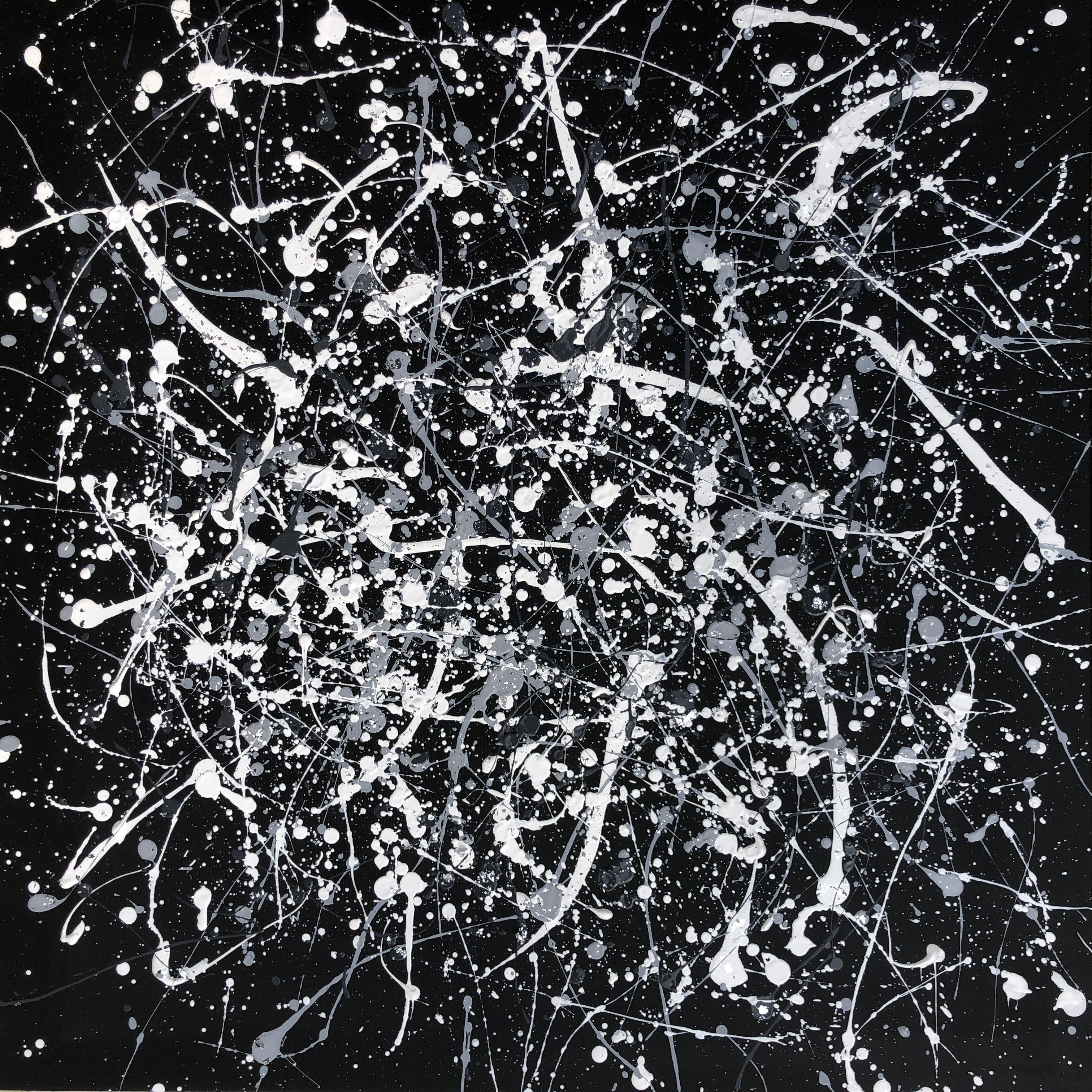 Exhibition history:
Solo Exhibition: Infinite Flight
Dates: 30 Jul 2023 - 18 Aug 2023
Venue: Bilous Gallery, Rampersttorfergasse 2, Vienna

Abstract painting in the main color black with elements in white, and silver, gray.
This abstract painting is