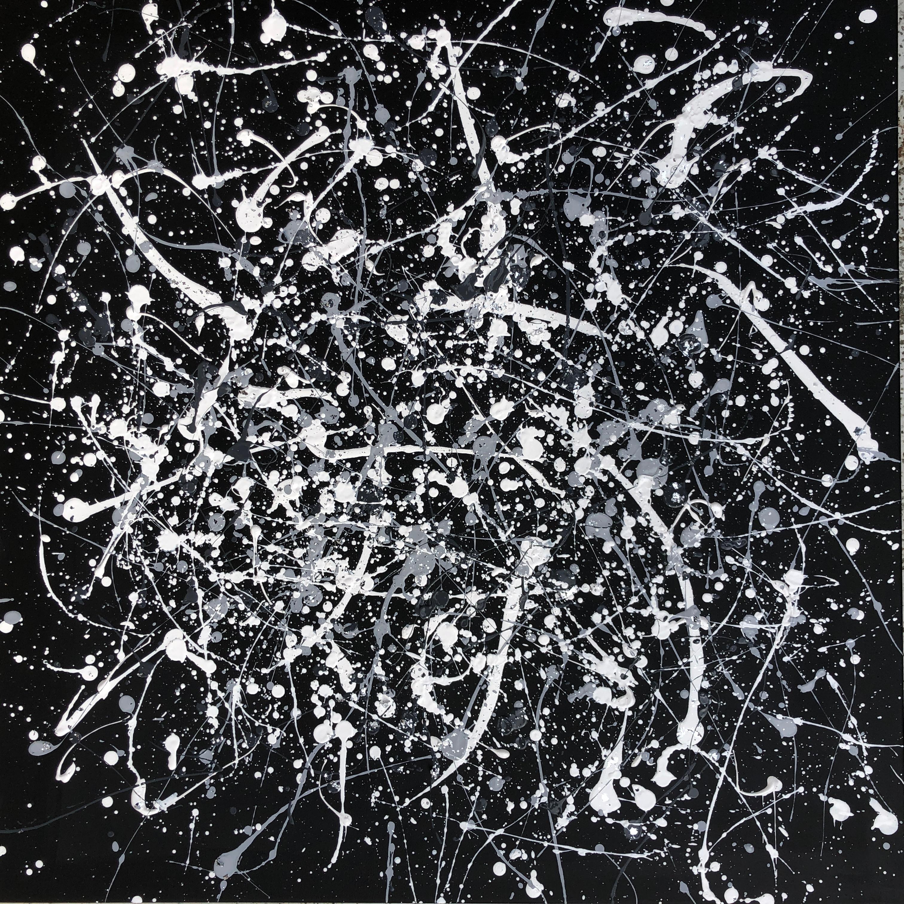 Nataliia Krykun Abstract Painting - Series "Infinite Flight" gray, silber, white, black large abstraction, Pollock 